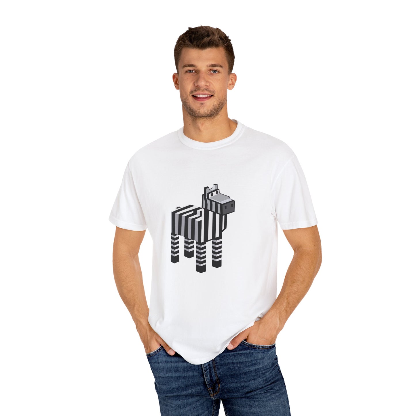 Male model wearing unisex Pixel Zebra T-Shirt in white