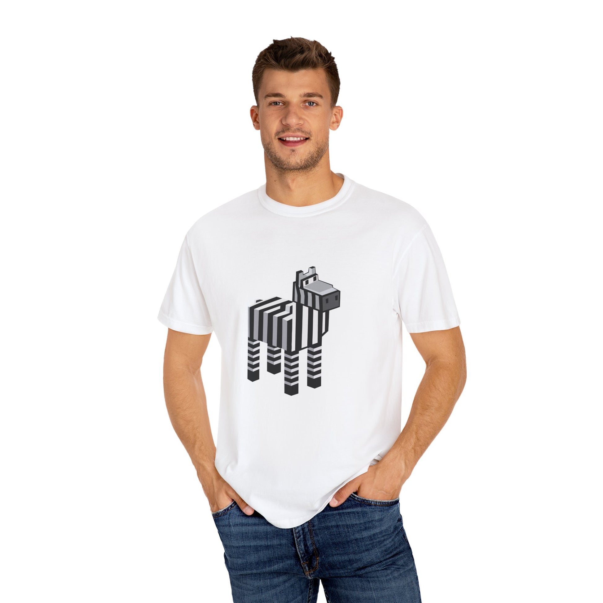 Male model wearing unisex Pixel Zebra T-Shirt in white
