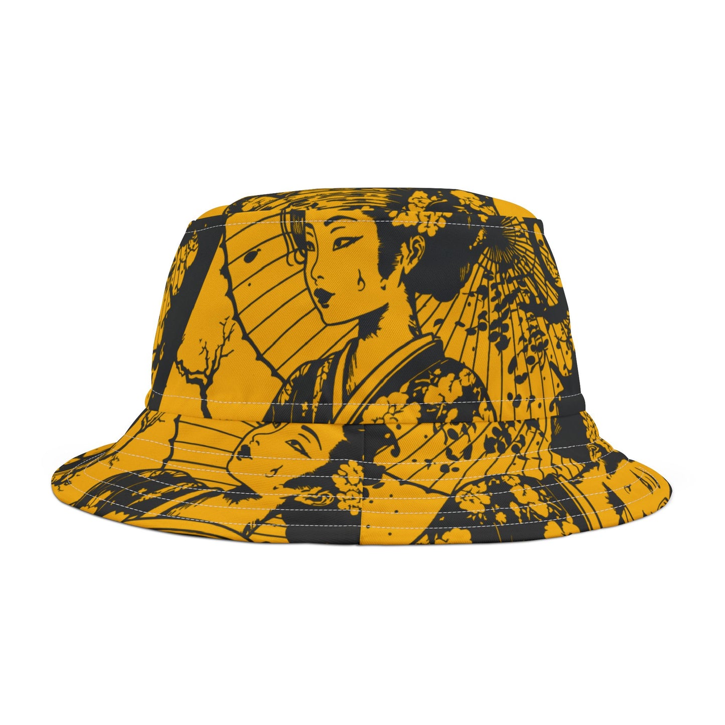 Bucket hat with black and yellow geisha design on a white background