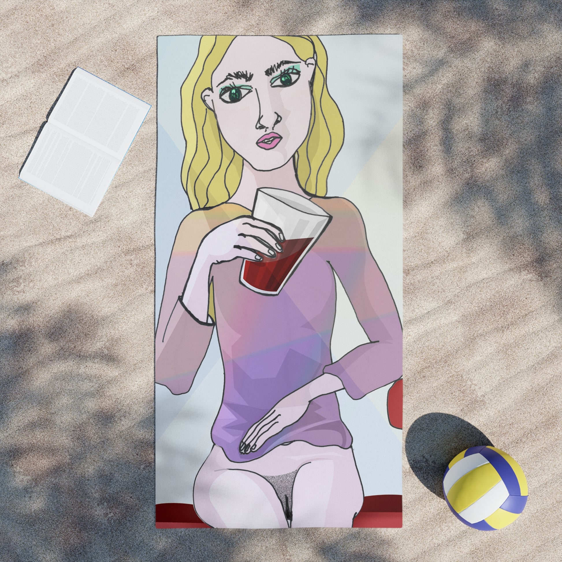 Koka Cola Girl Beach Towel placed on wooden deck with sandals and a drink nearby.