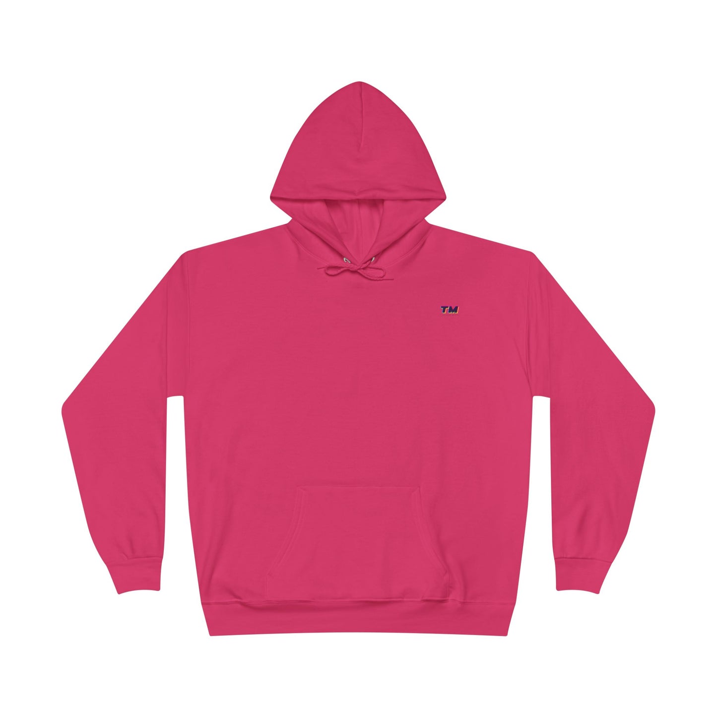 Flat lay of hot pink EcoSmart hoodie with small embroidered TM logo on chest.