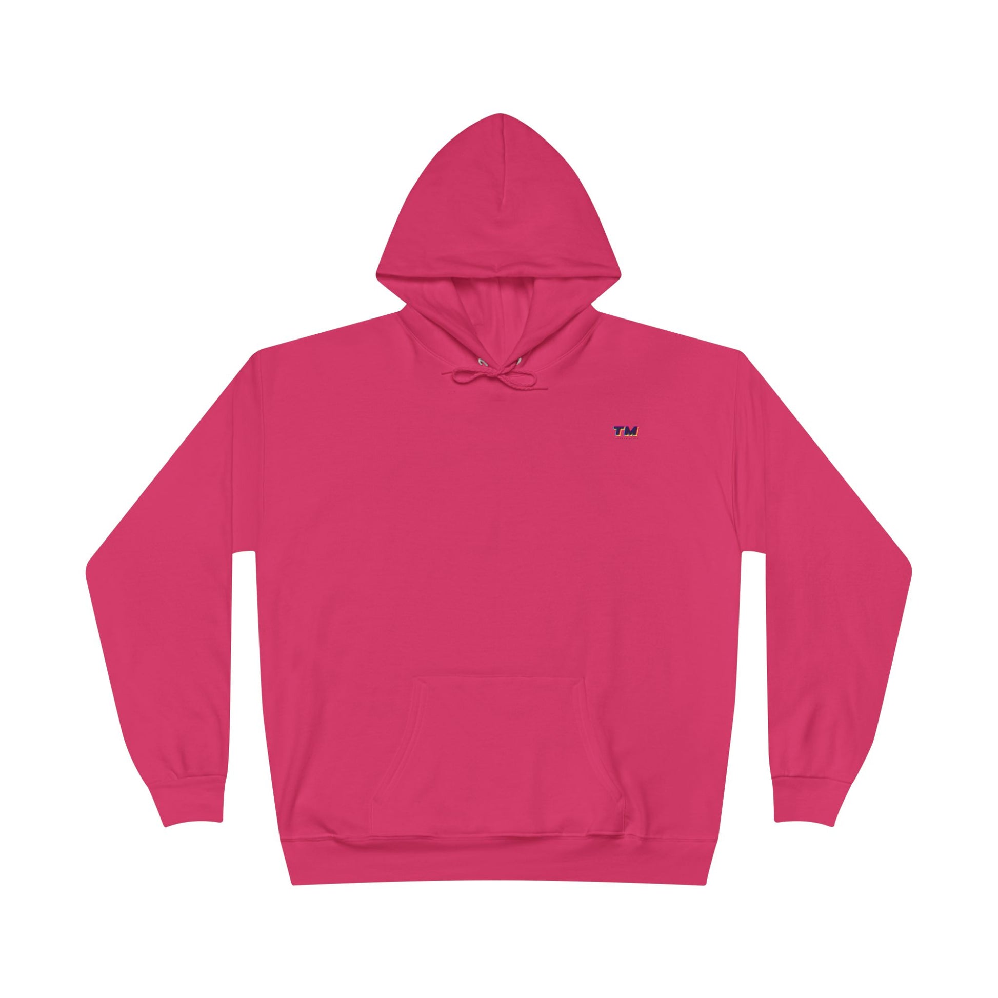 Flat lay of hot pink EcoSmart hoodie with small embroidered TM logo on chest.