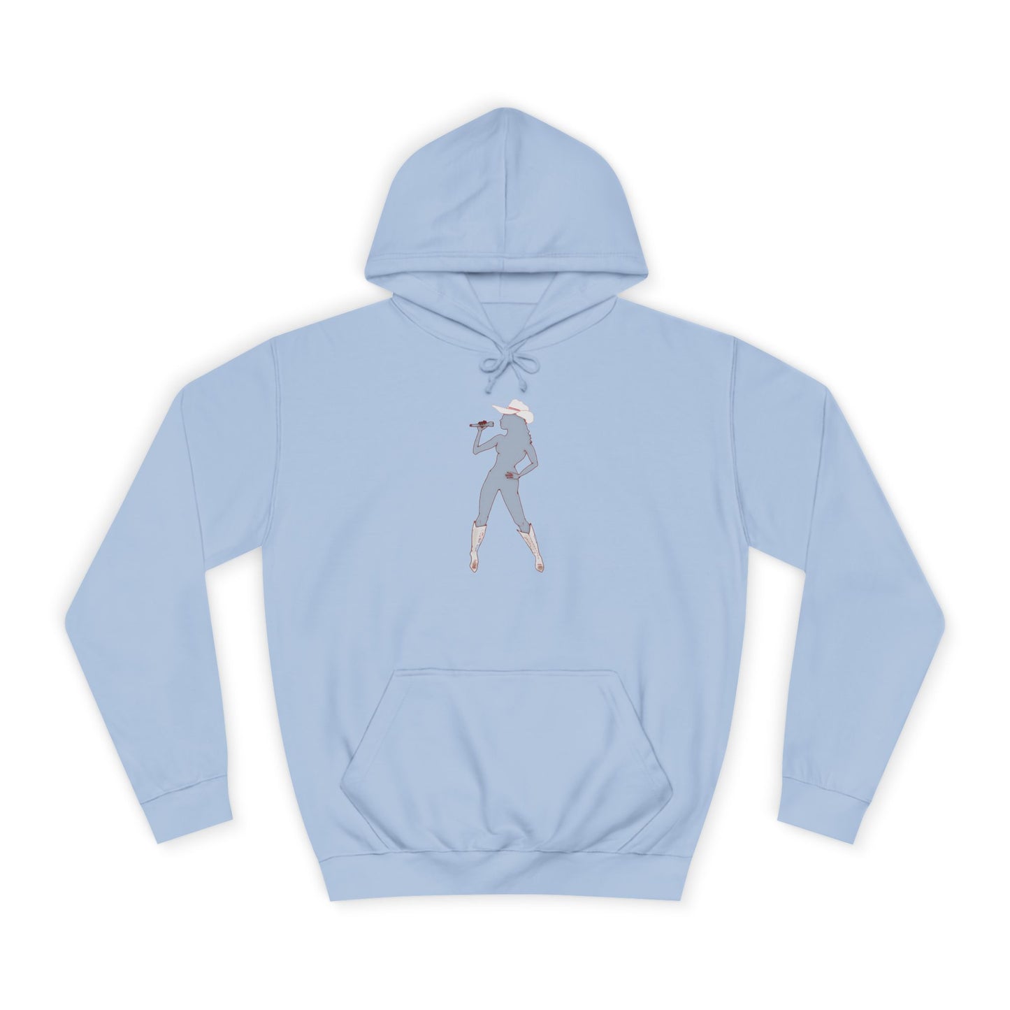  Light blue Bey Country Hoodie flat back view hood up.