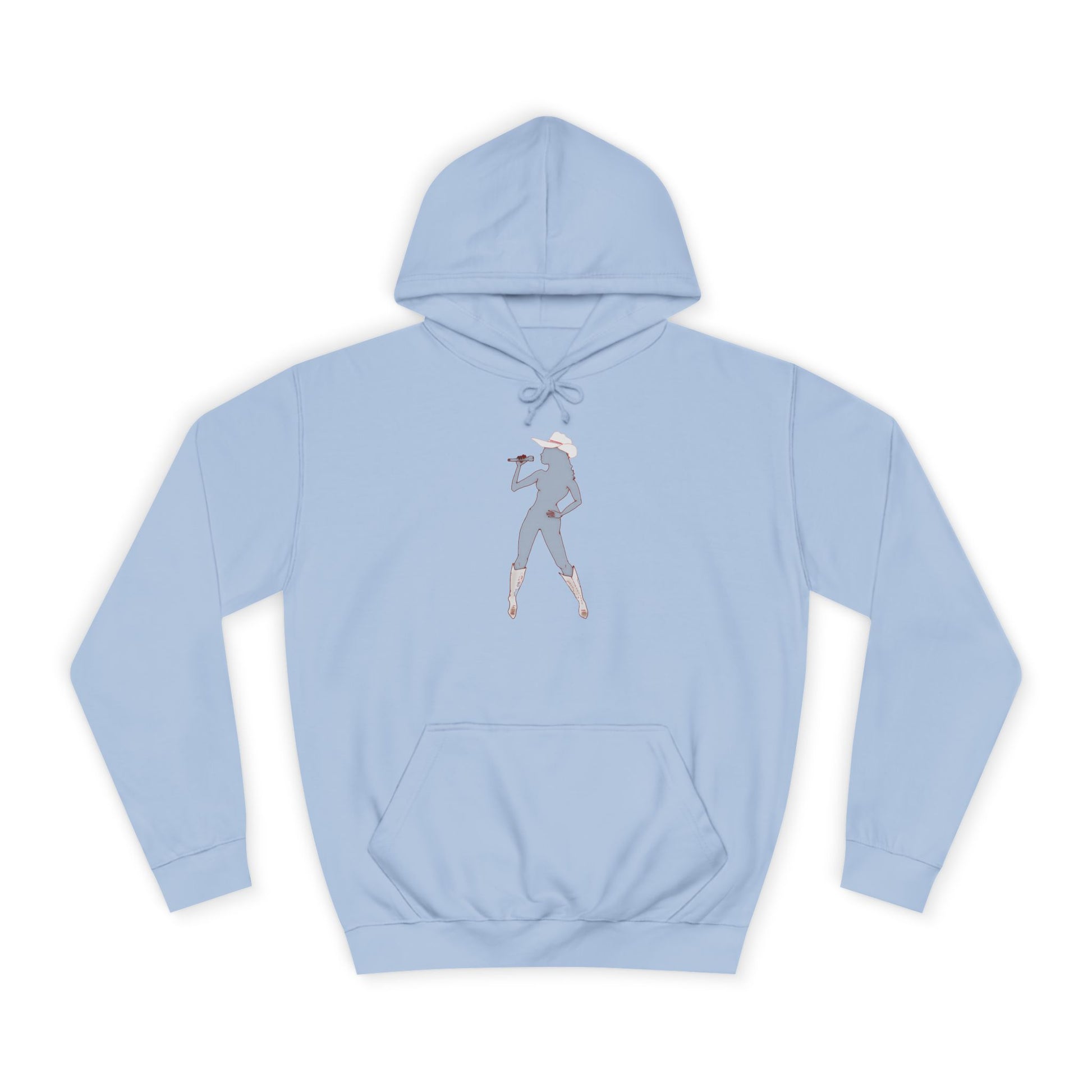  Light blue Bey Country Hoodie flat back view hood up.