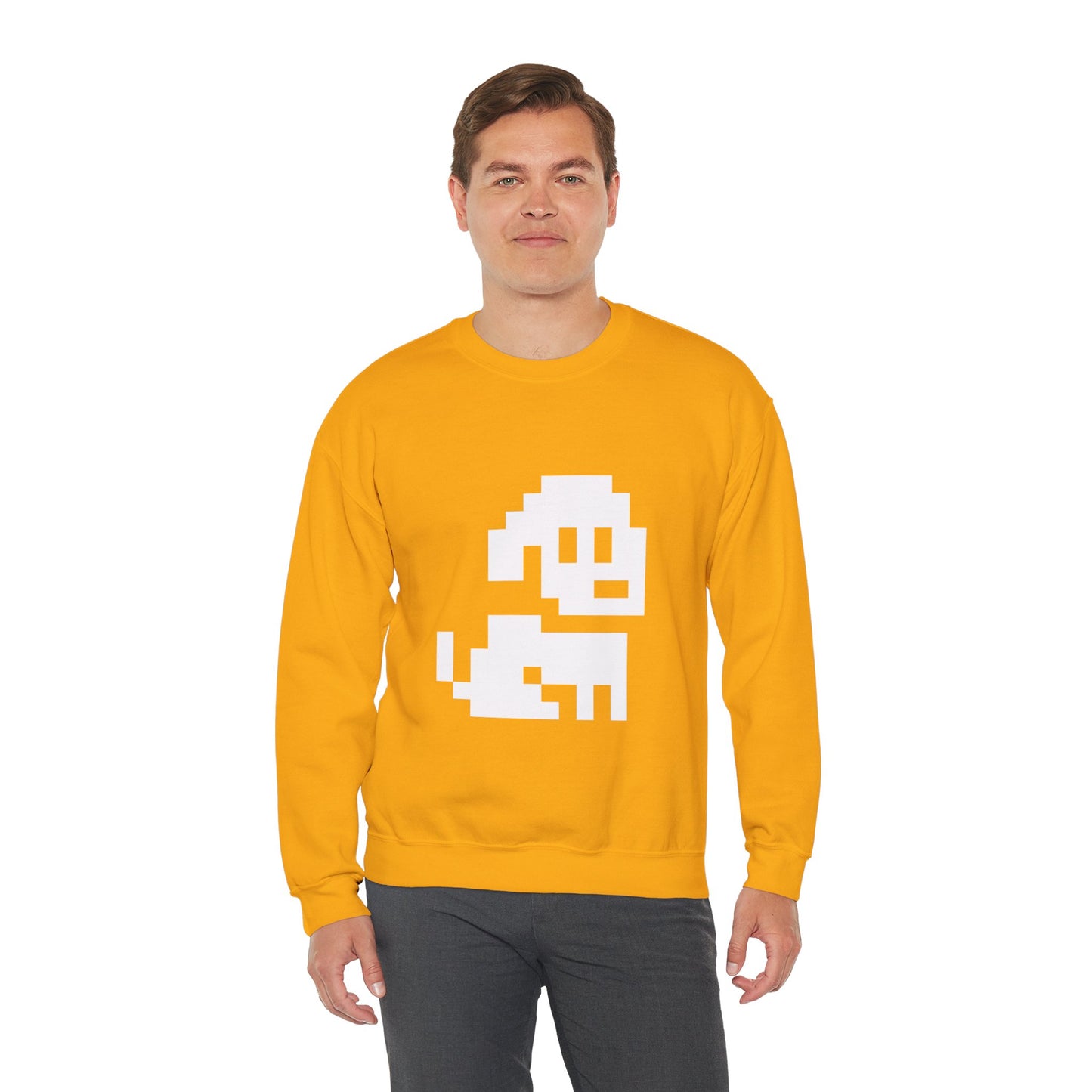 Person wearing a yellow sweatshirt with a white graphic design on a white background