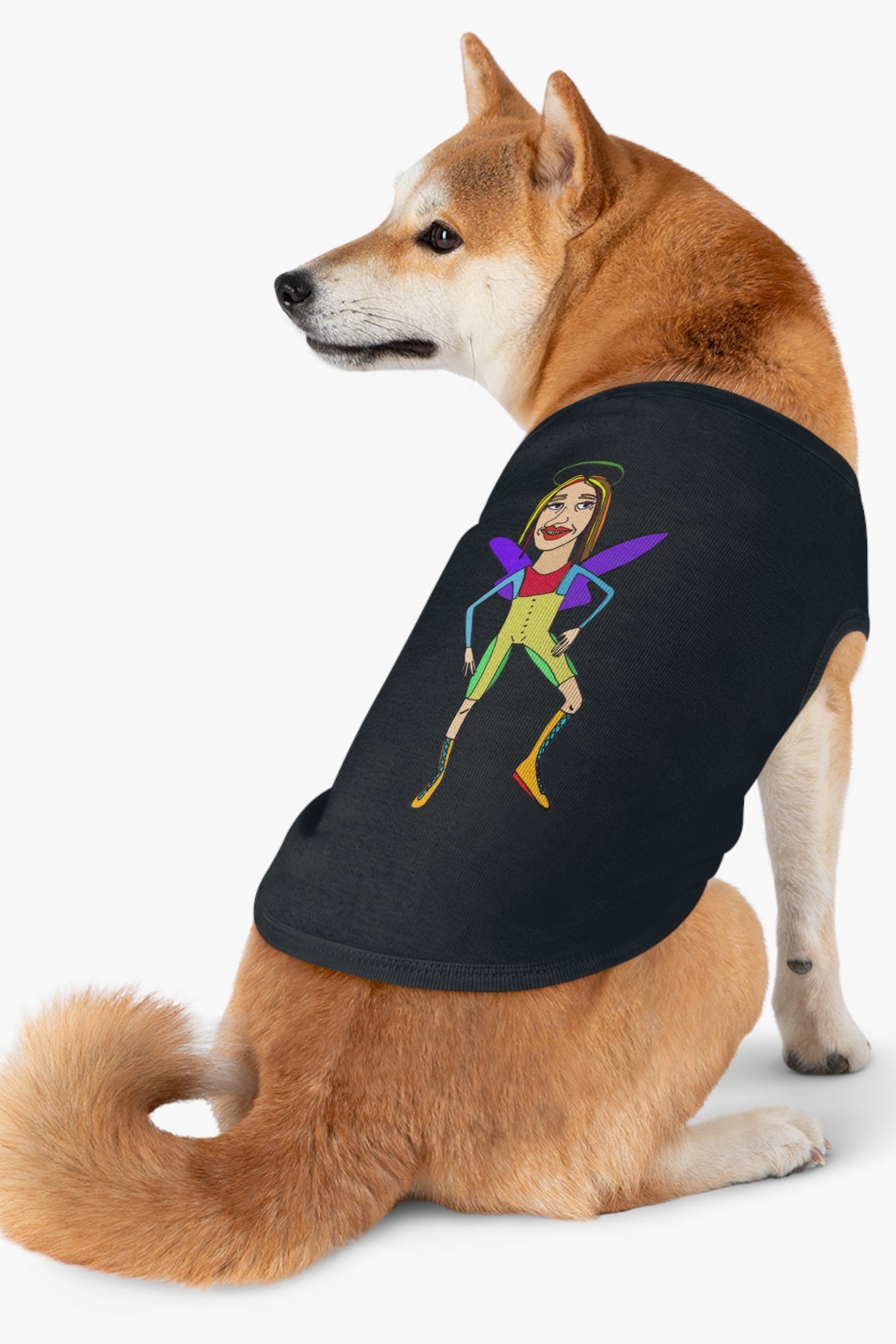 Dog wearing black angelic fairy graphic pet tank top sitting side view