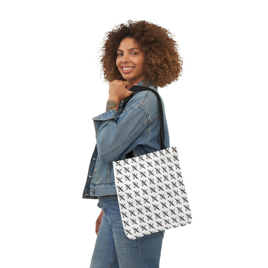 Model wearing Proudly Childless white tote bag over shoulder