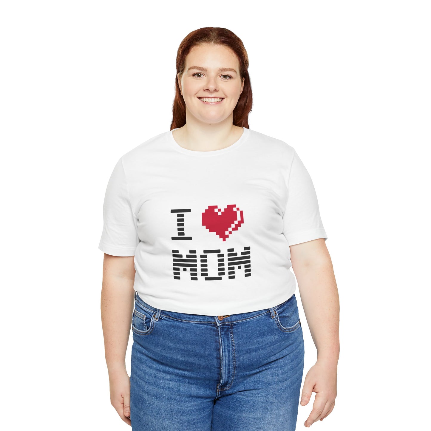 Plus size woman wearing white I Love Mom Pixel Tee with pixel heart