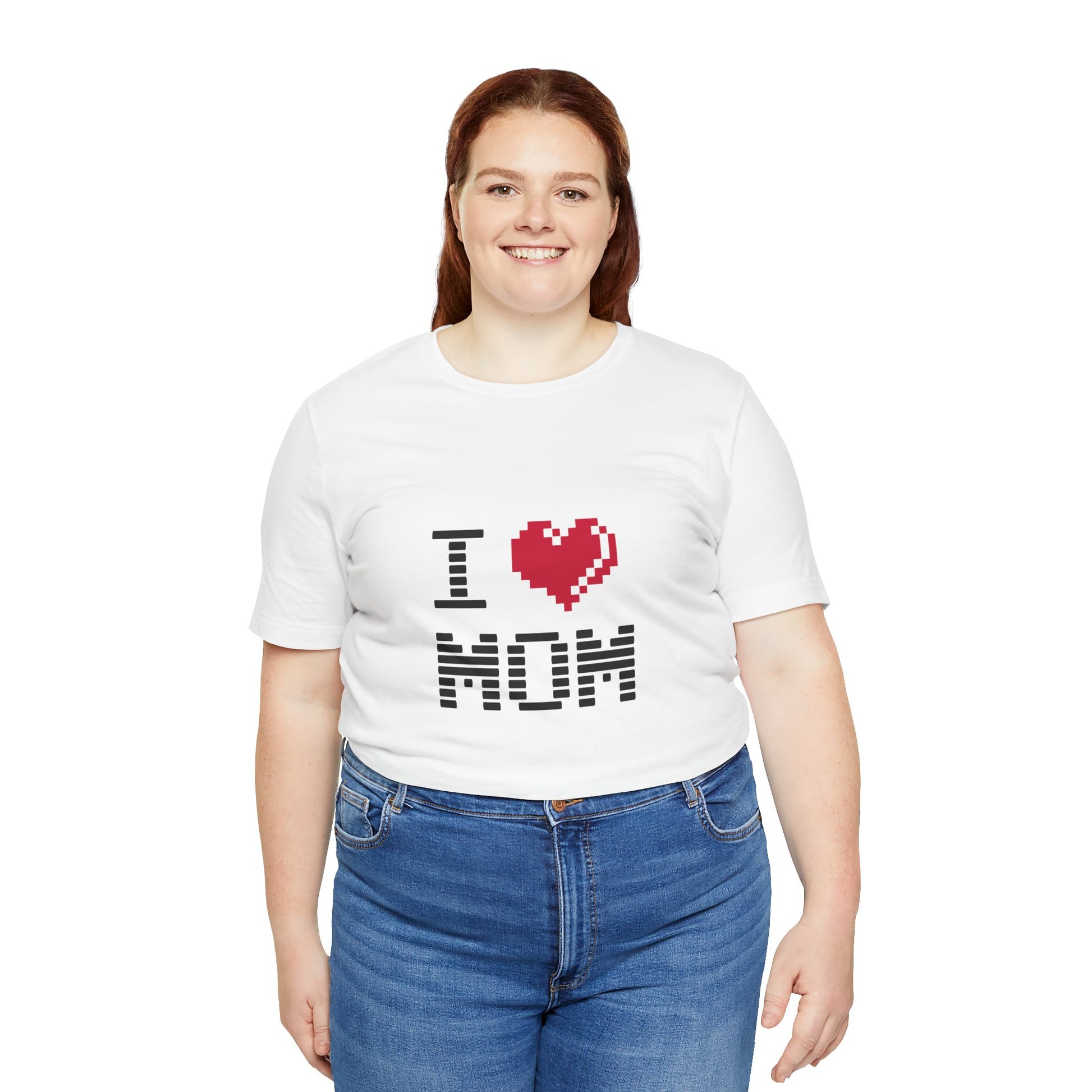 Plus size woman wearing white I Love Mom Pixel Tee with pixel heart