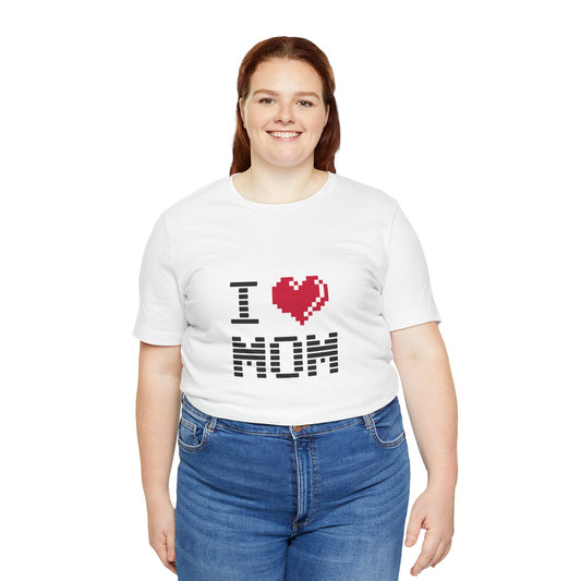 Plus size woman wearing white I Love Mom Pixel Tee with pixel heart