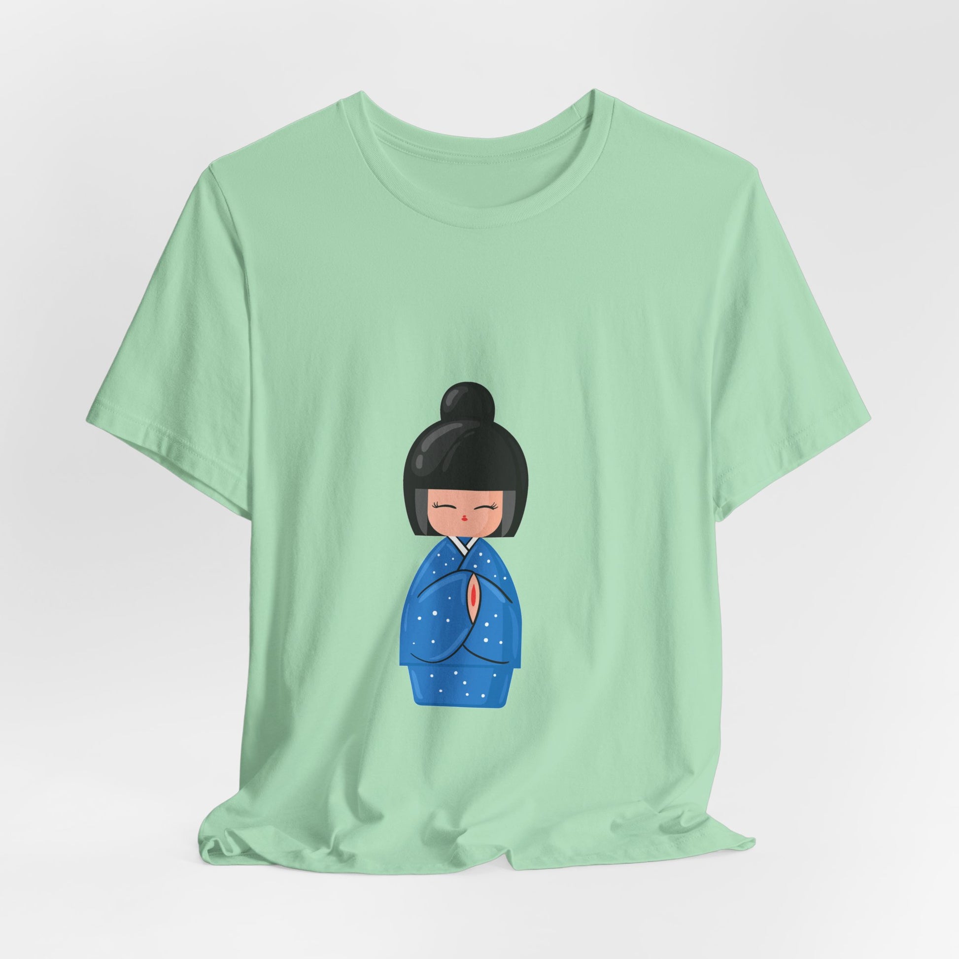 Green Geisha Blue T-Shirt flat lay featuring geisha in blue kimono