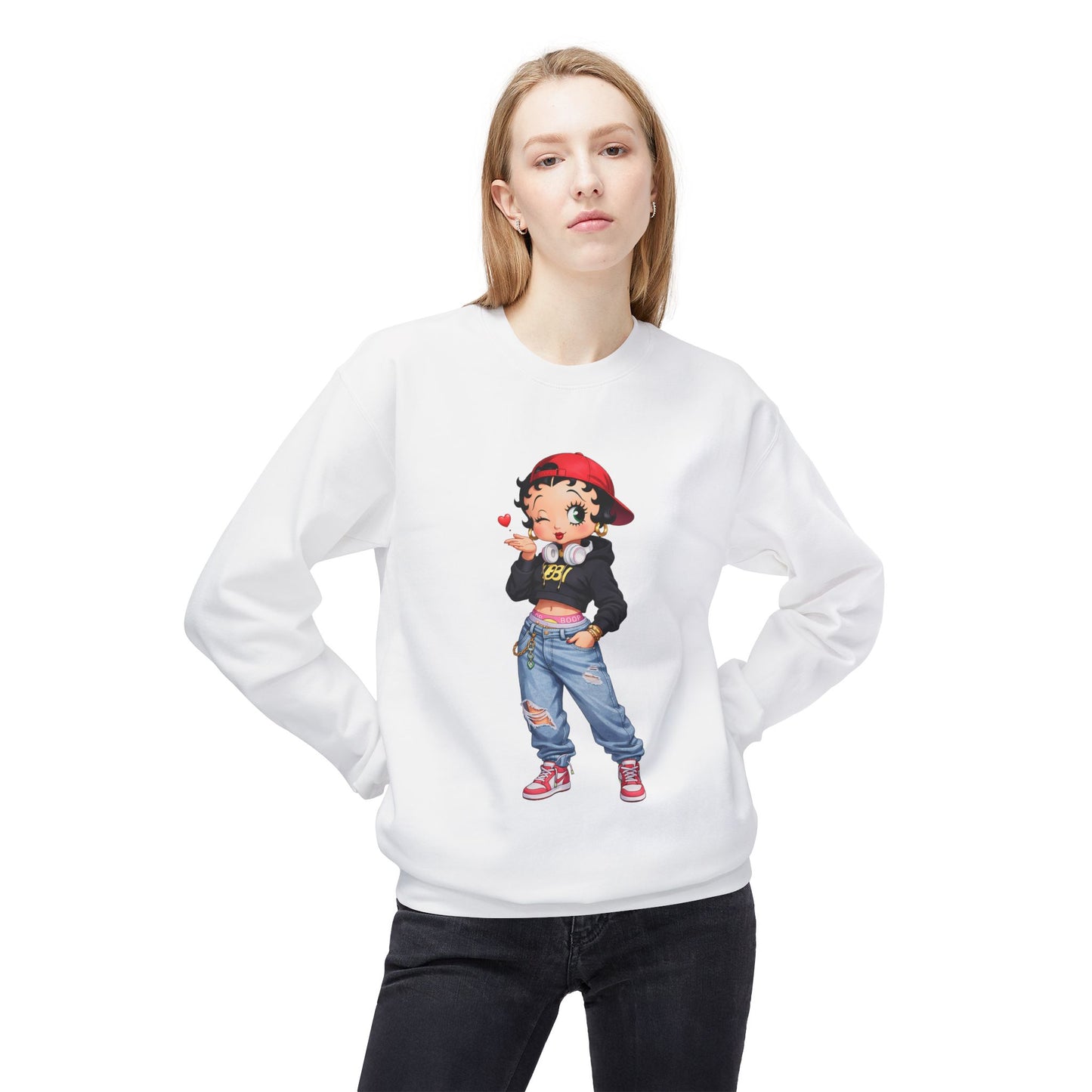 female model wearing betty boop cartoon white crewneck sweatshirt