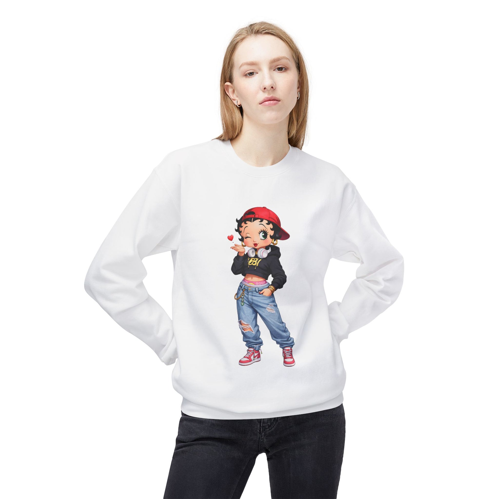 female model wearing betty boop cartoon white crewneck sweatshirt
