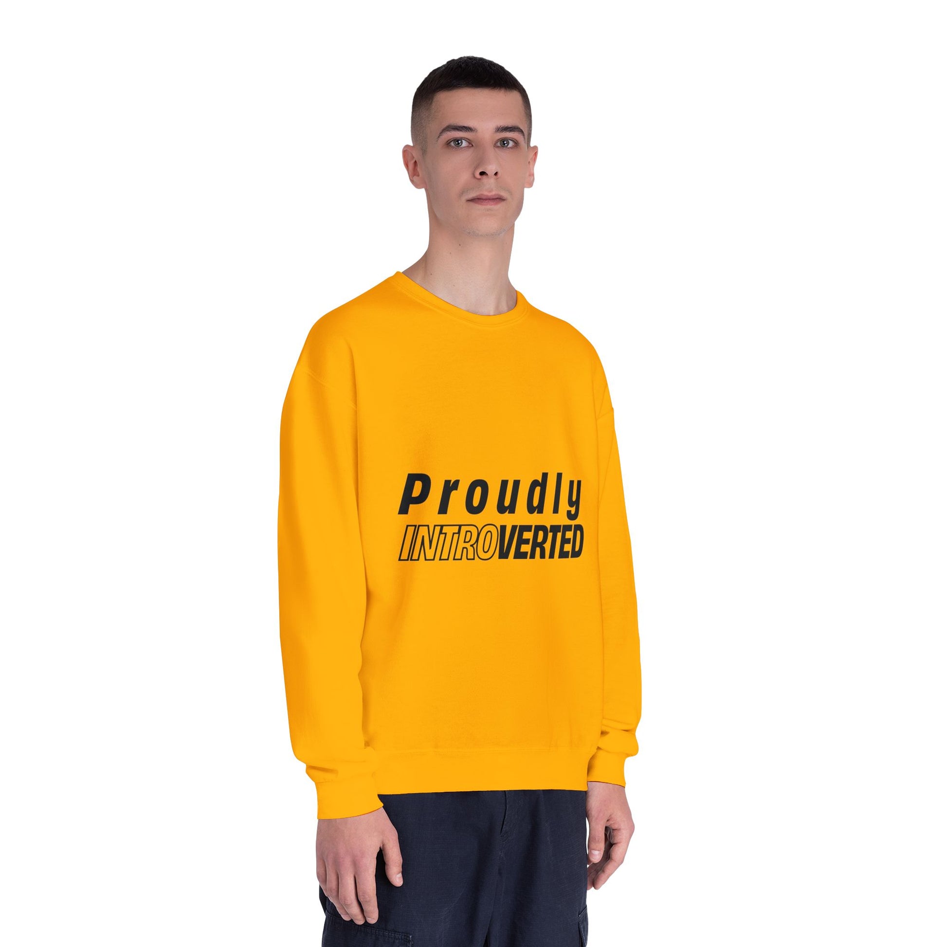 Male model in yellow Proudly Introverted Sweatshirt standing casually
