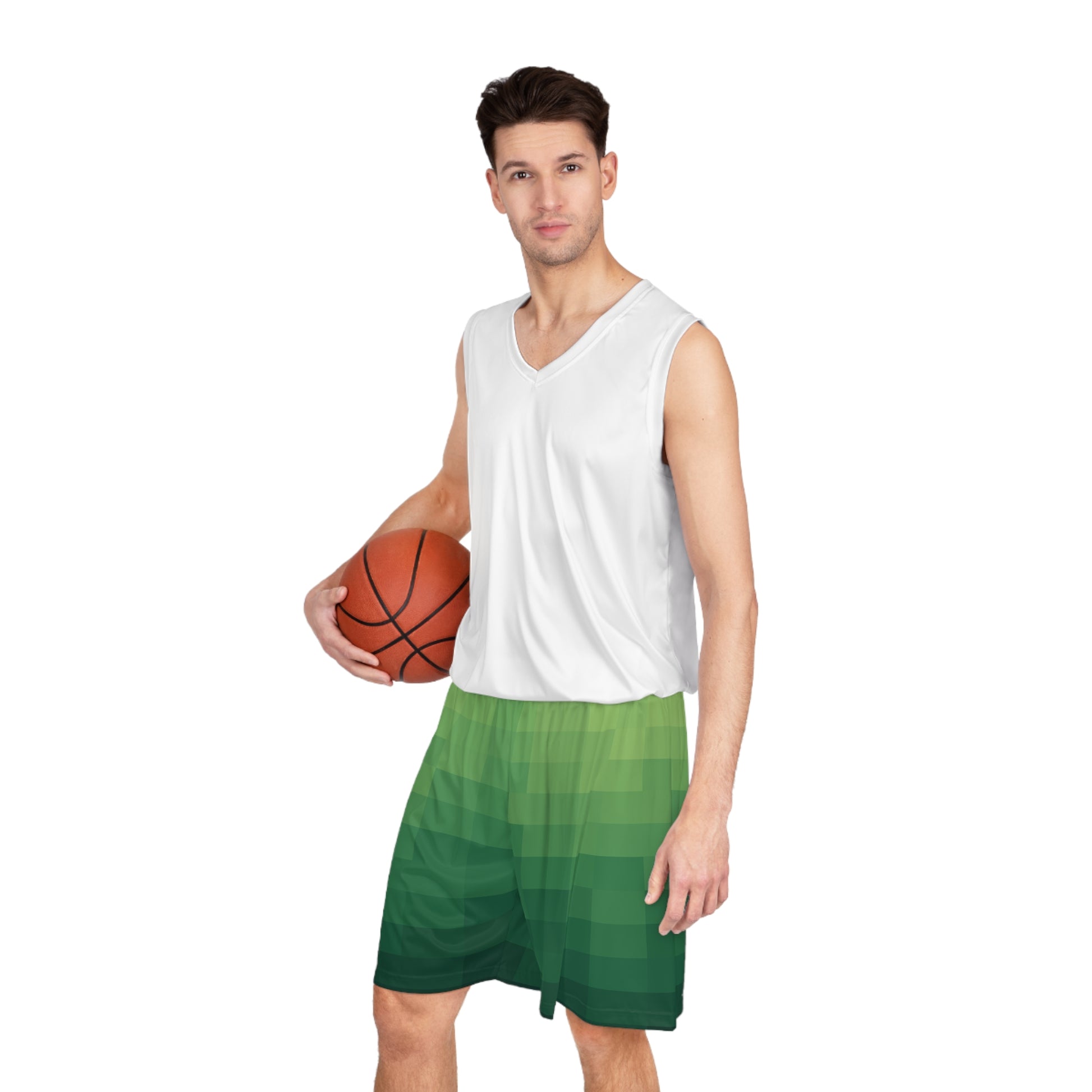 8-bit Green Basketball Shorts worn with white tank top in studio setting