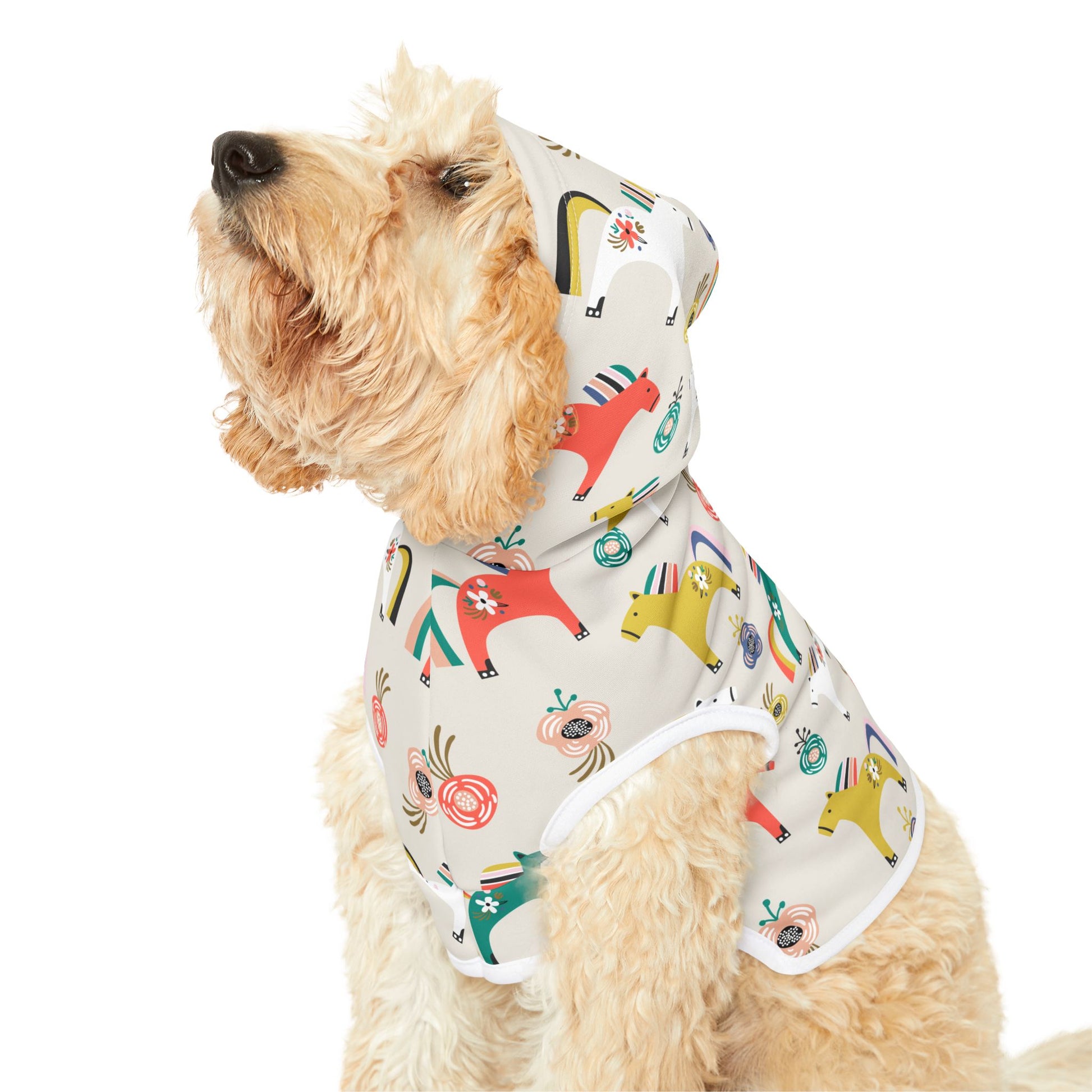 Dog sitting with head tilted wearing Horses Pet Hoodie with hood
