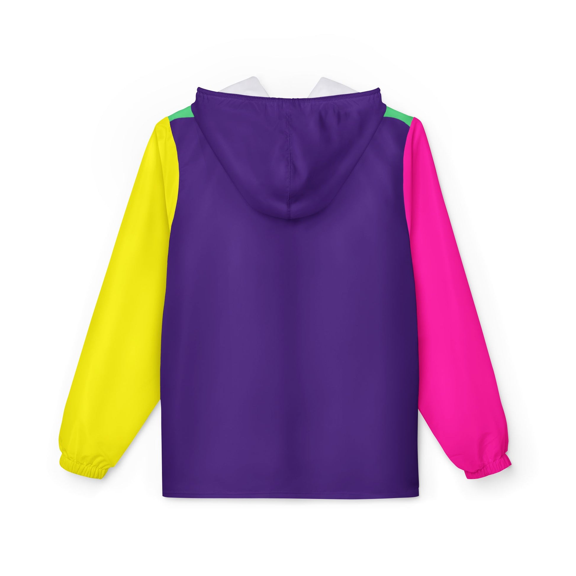 Back view of Retro Colors Windbreaker Jacket showing purple body with neon pink and yellow sleeves.