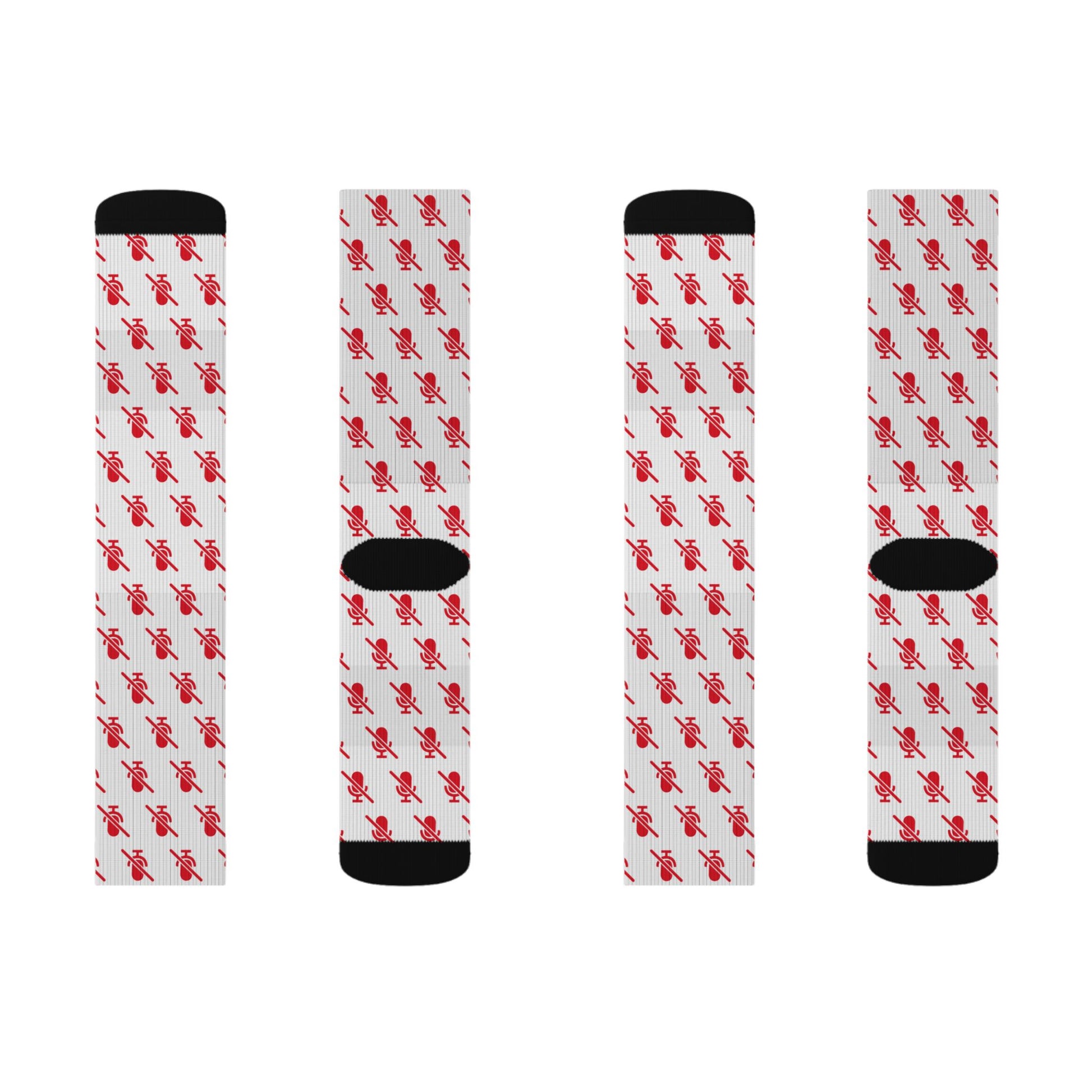 mic off crew socks white with red pattern side view worn model