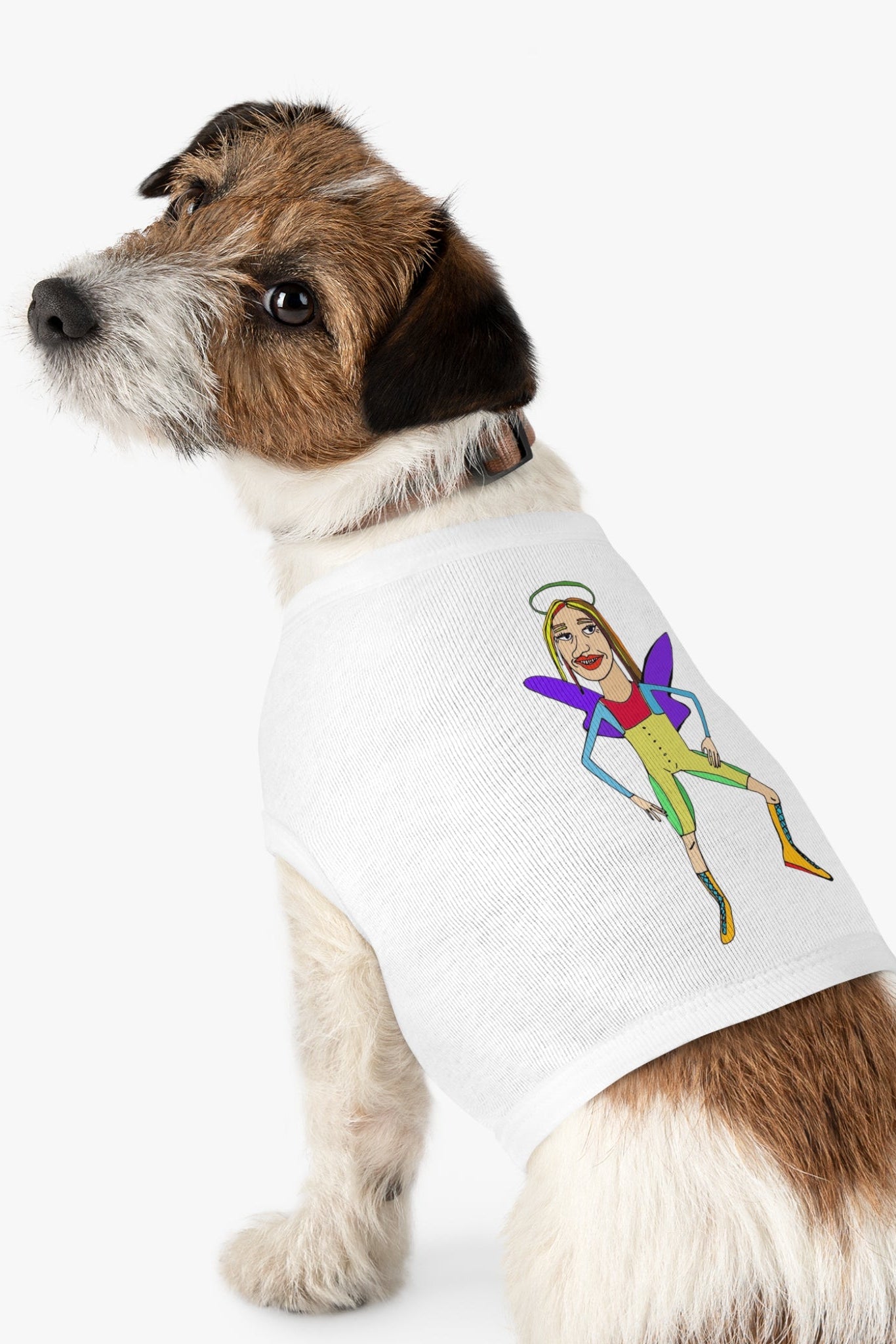 Dog wearing white angelic fairy graphic pet tank top side view