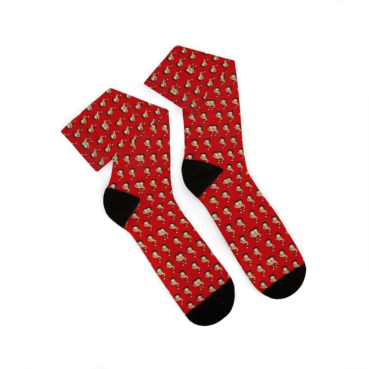 Pair of red Betty Boop pattern crew socks displayed at an angle showing full-print design