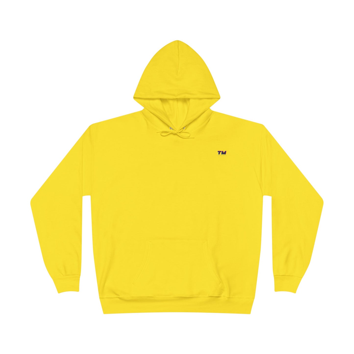 Flat lay of bright yellow EcoSmart hoodie with small embroidered TM logo on chest.