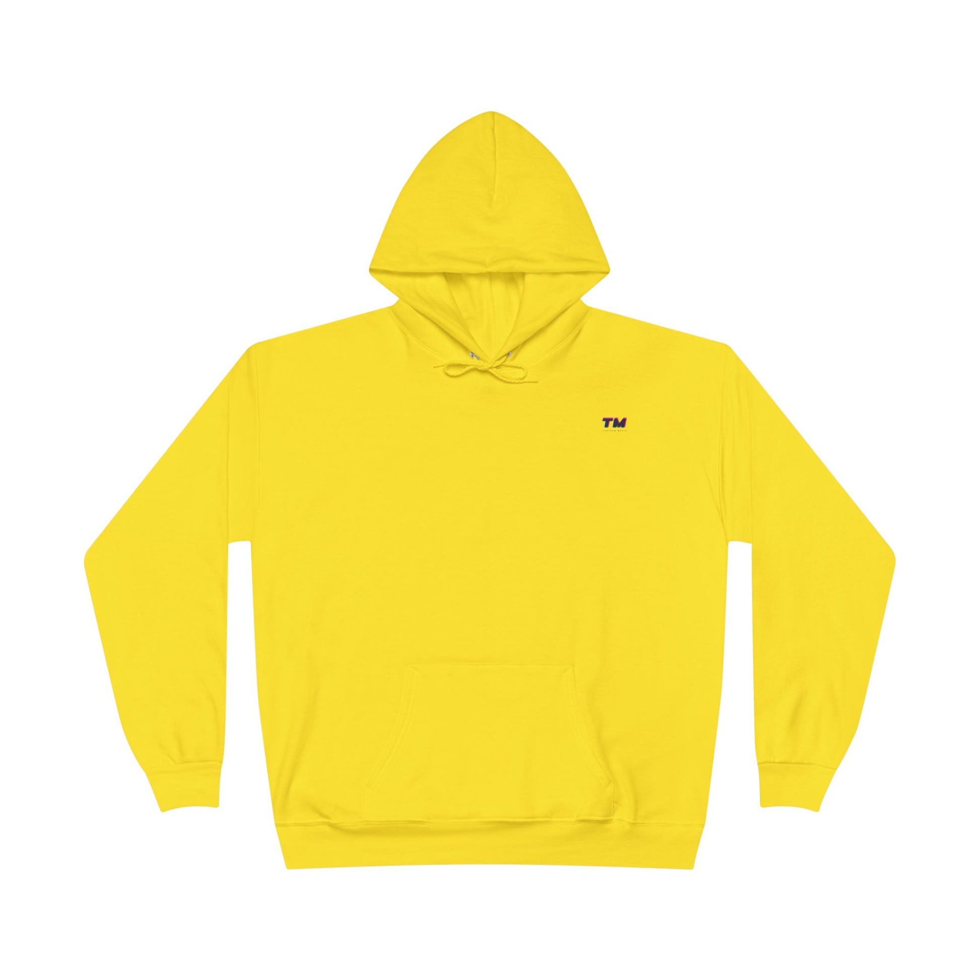 Flat lay of bright yellow EcoSmart hoodie with small embroidered TM logo on chest.