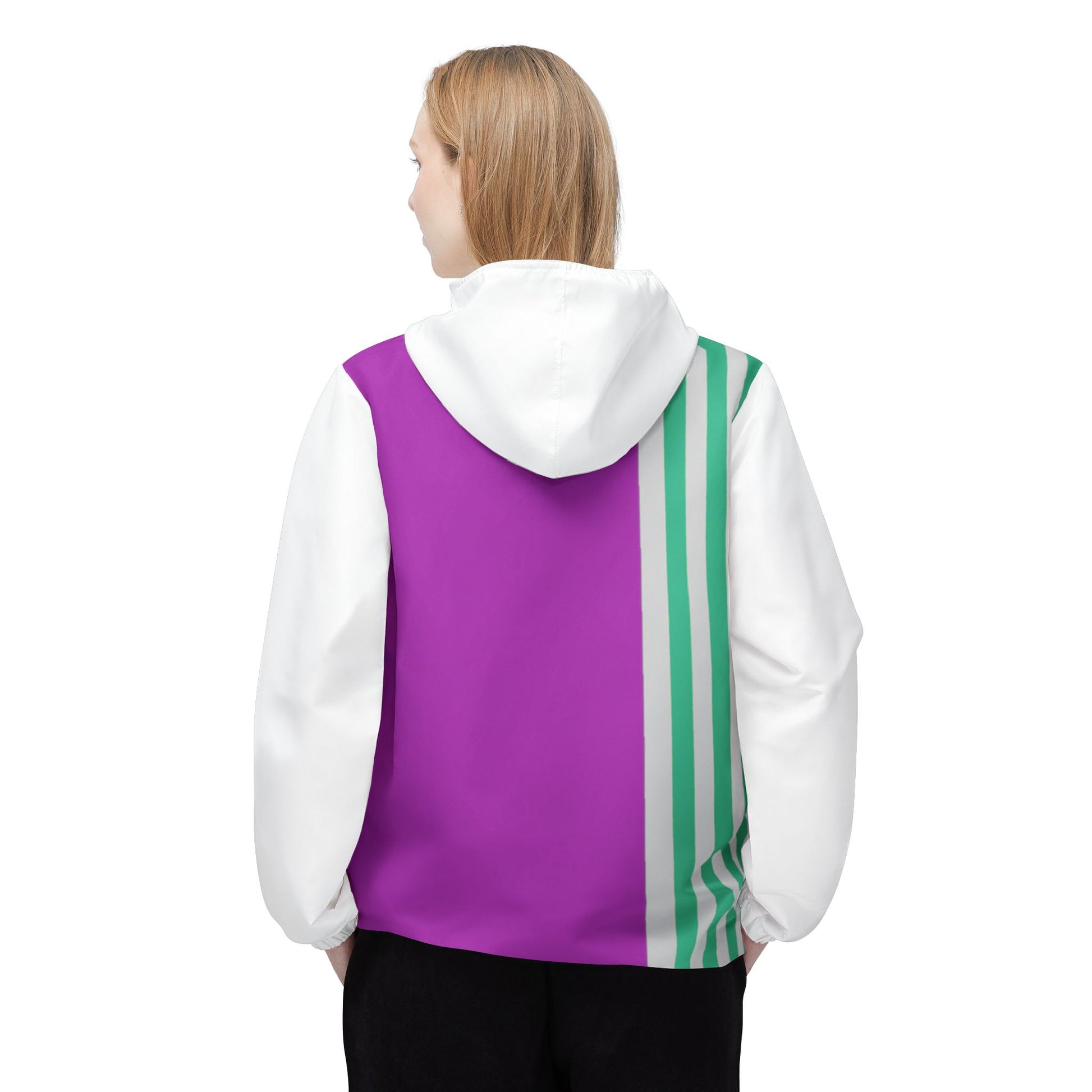 Female model wearing Retro Pink & Green Windbreaker Jacket back view with striped detail.
