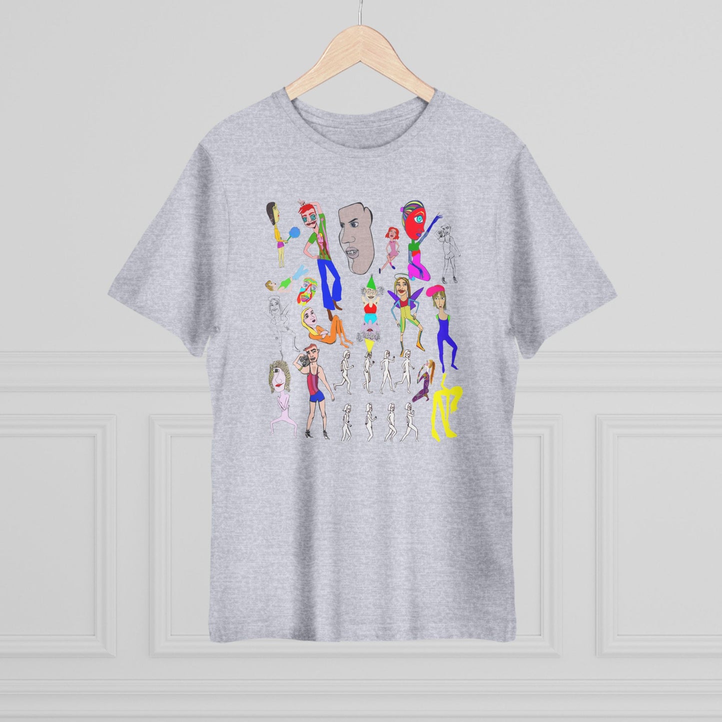 Gray Mix Unisex Deluxe T-Shirt with exclusive hand drawn design on hanger.