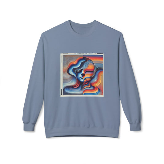 Sweatshirt on hanger with abstract multicolor album cover design printed on the front.