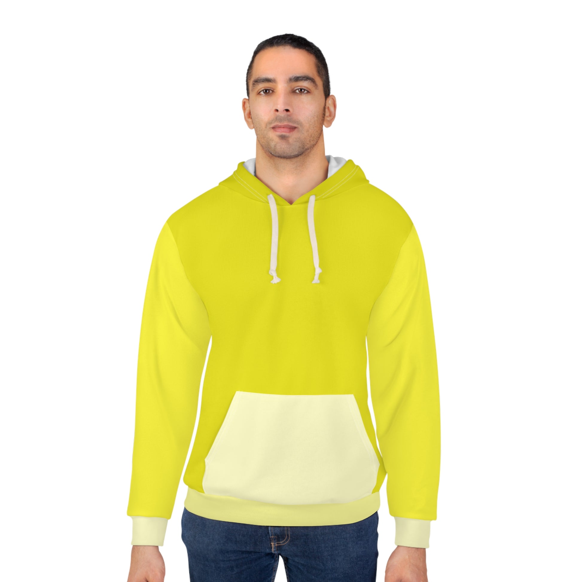 Male model wearing Banana Unisex Hoodie featuring bold yellow color blocks, classic fit, and trendy streetwear style