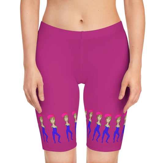 Front view of Cody High Waisted Yoga Shorts in pink with Cody design on legs