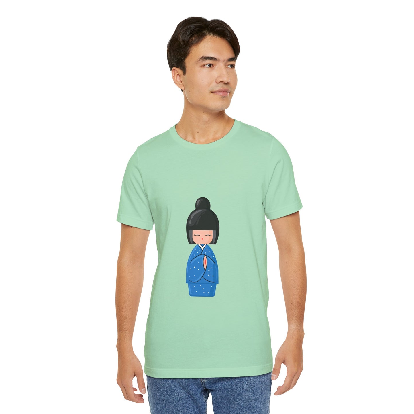 Man in green Geisha Blue T-Shirt styled casually