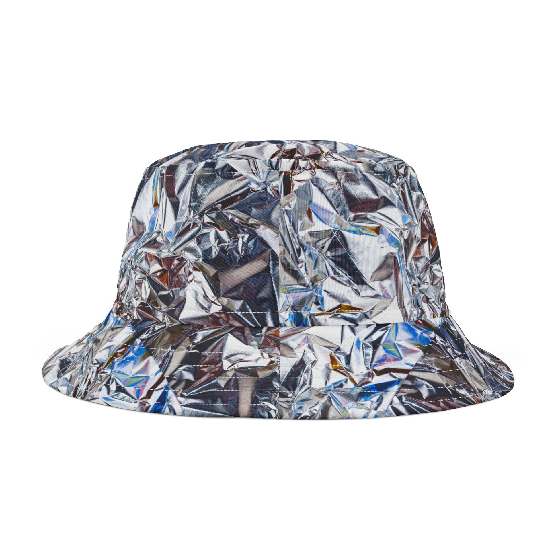 Flat lay front view of Tinfoil Bucket Hat with silver foil-inspired design