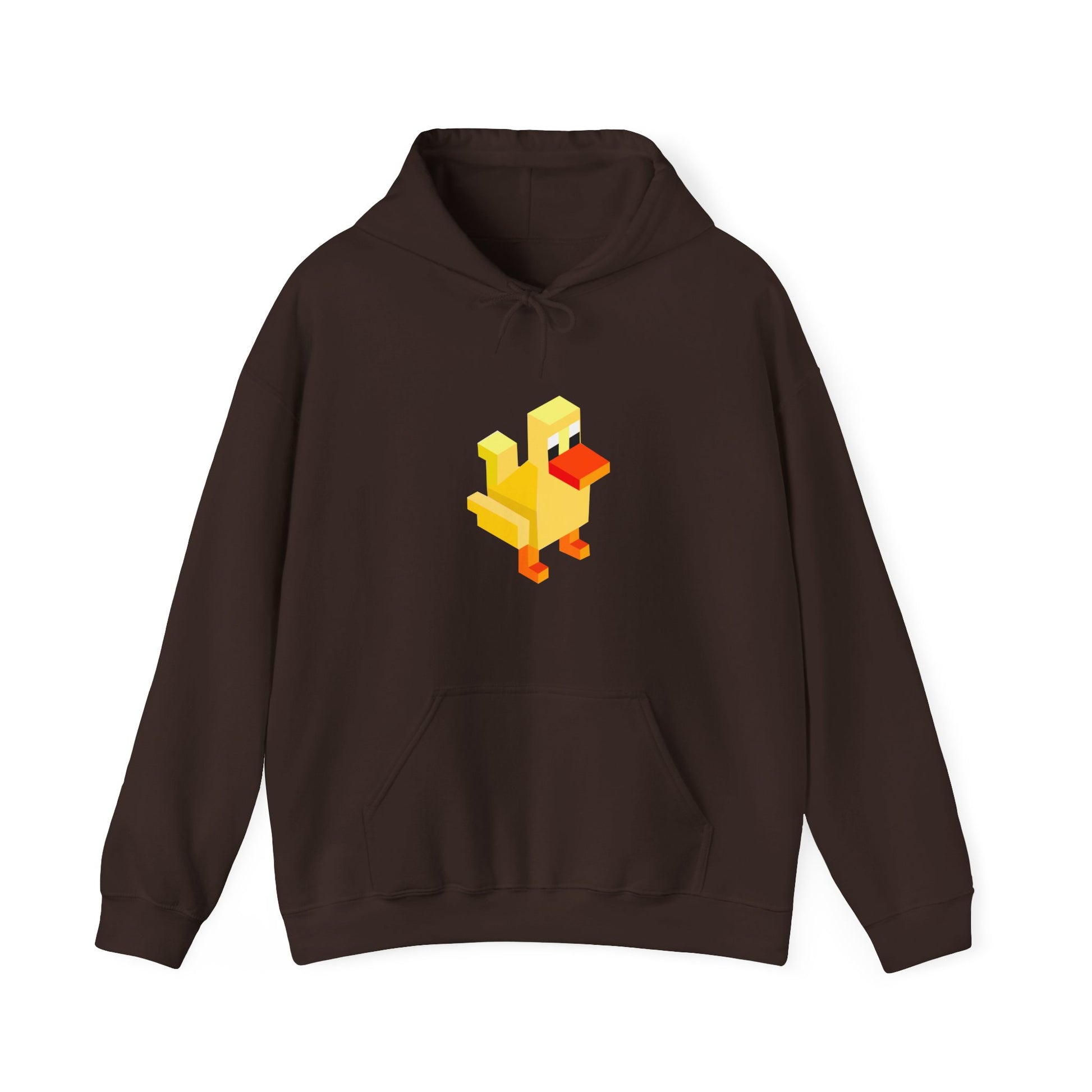 Dark chocolate pixel duck hoodie, unisex retro gaming apparel arcade streetwear fashion
