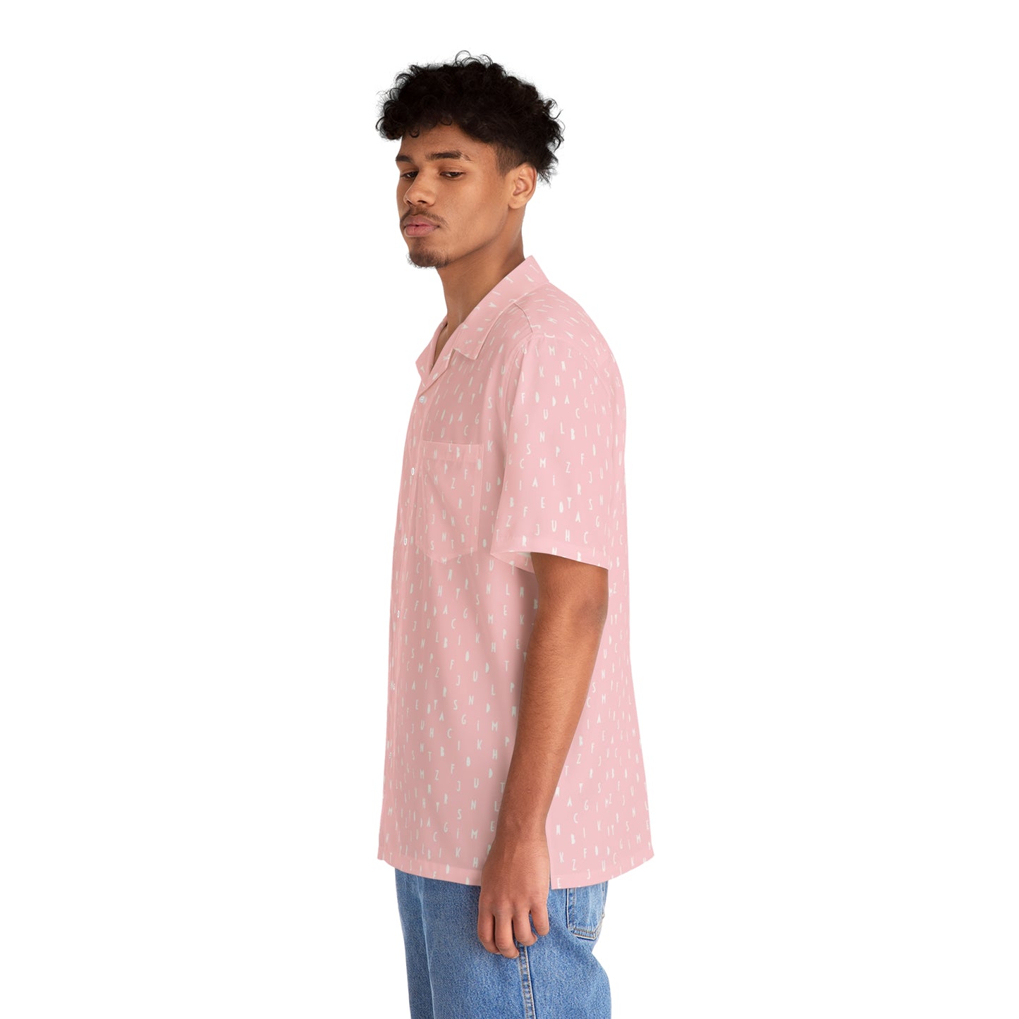 mens pink typography shirt side view casual streetwear button up
