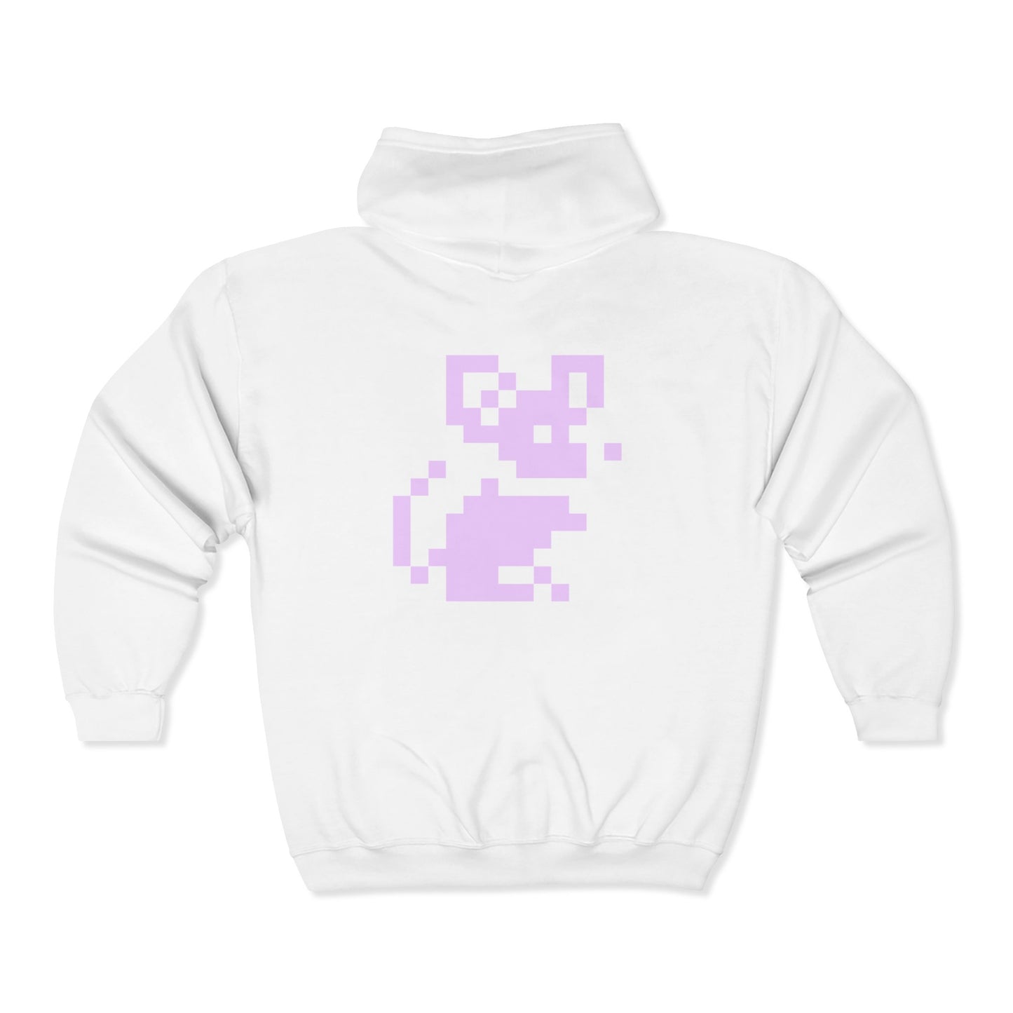 Back of white Pixel Mouse Zip Hoodie featuring lavender pixel mouse graphic.