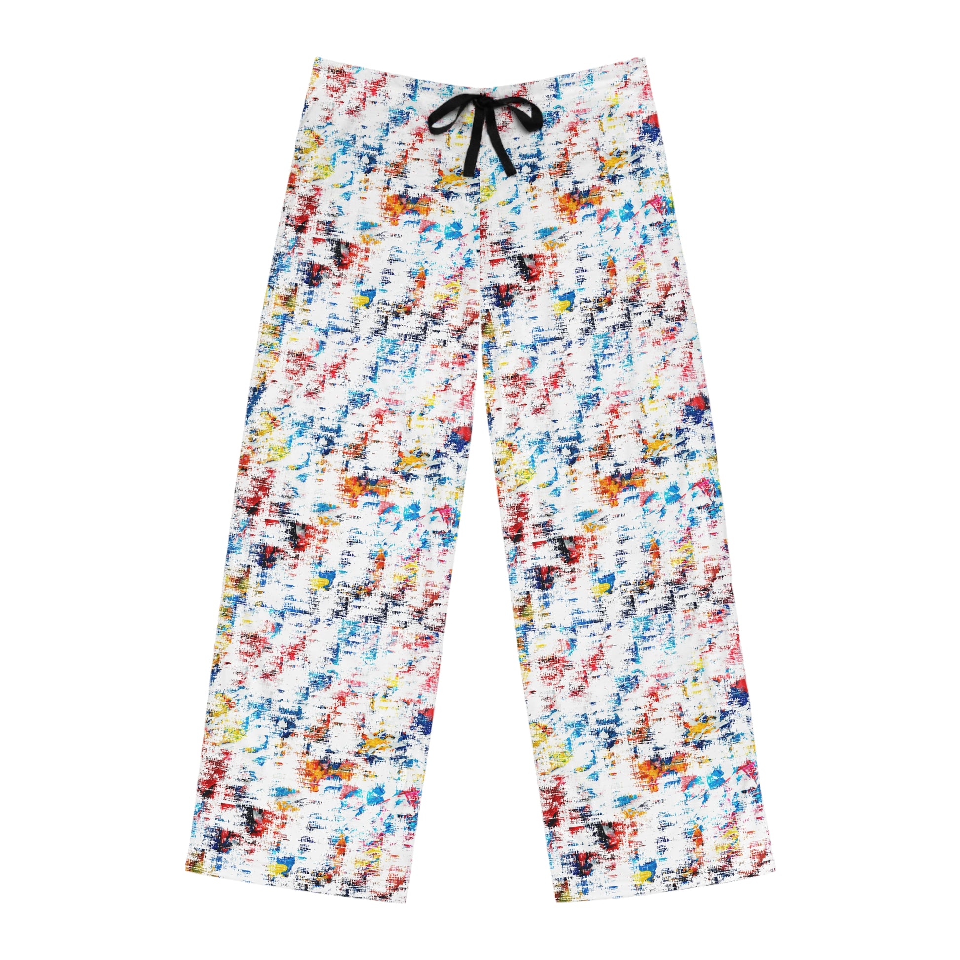 Flat lay of Hip Tie Dye Men’s Pajama Pants with drawstring waistband and rainbow tie dye pattern