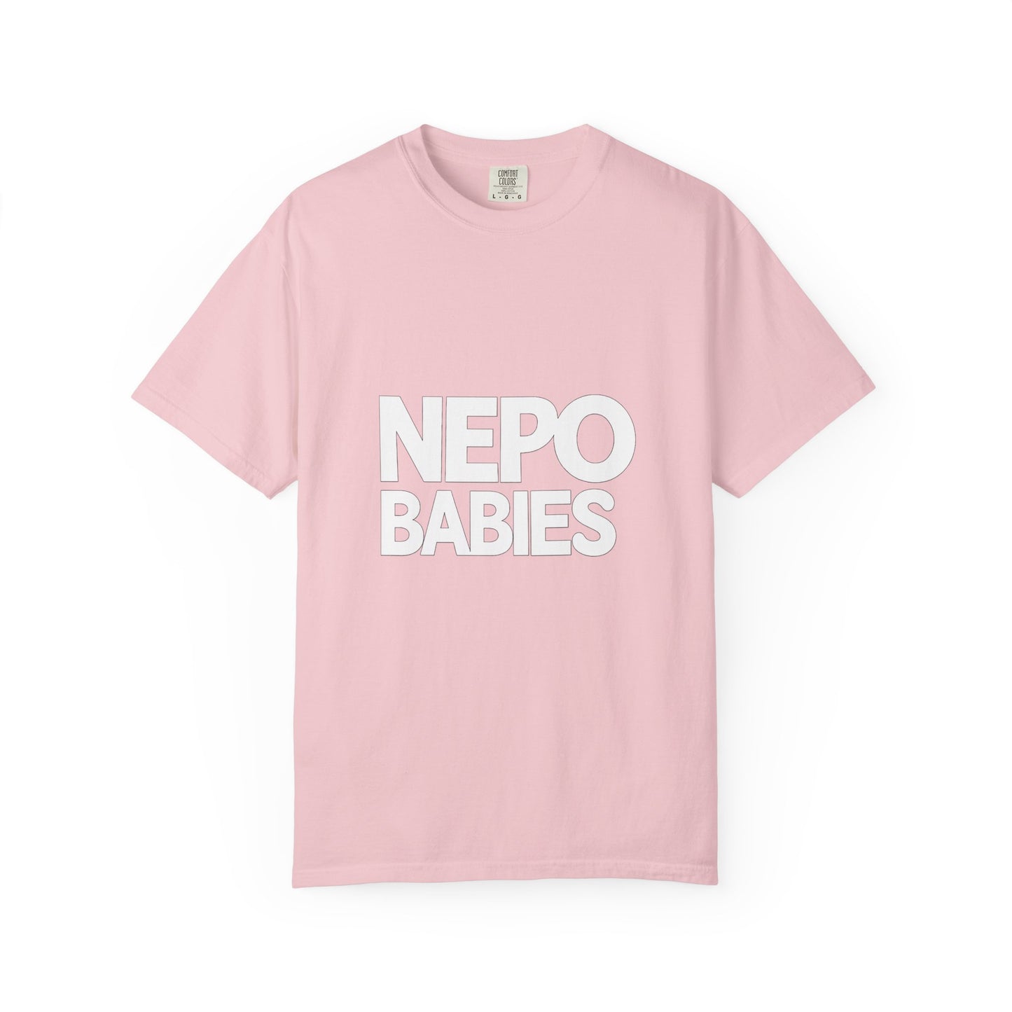 Pink t-shirt with 'NEPO BABIES' text on a white background