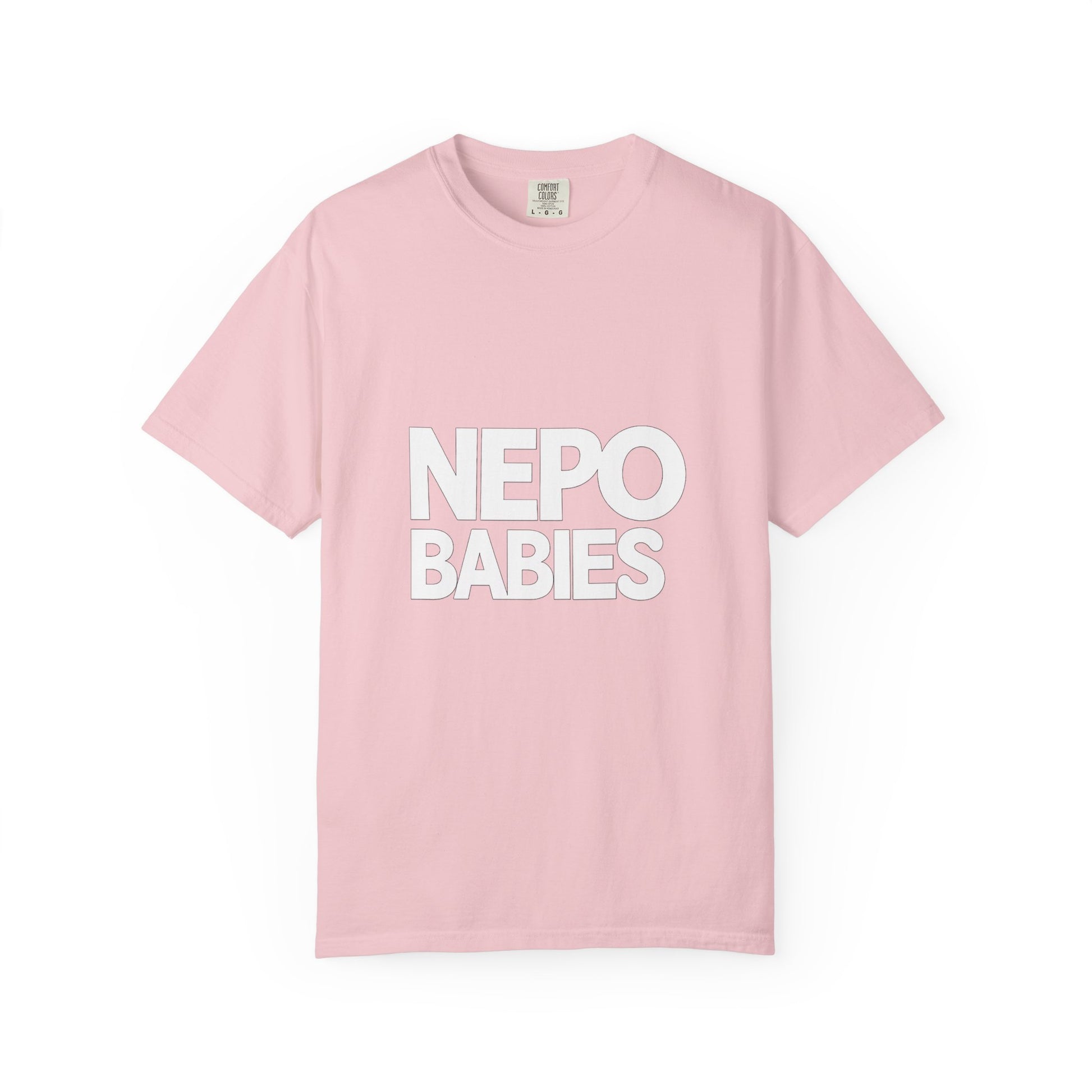 Pink t-shirt with 'NEPO BABIES' text on a white background