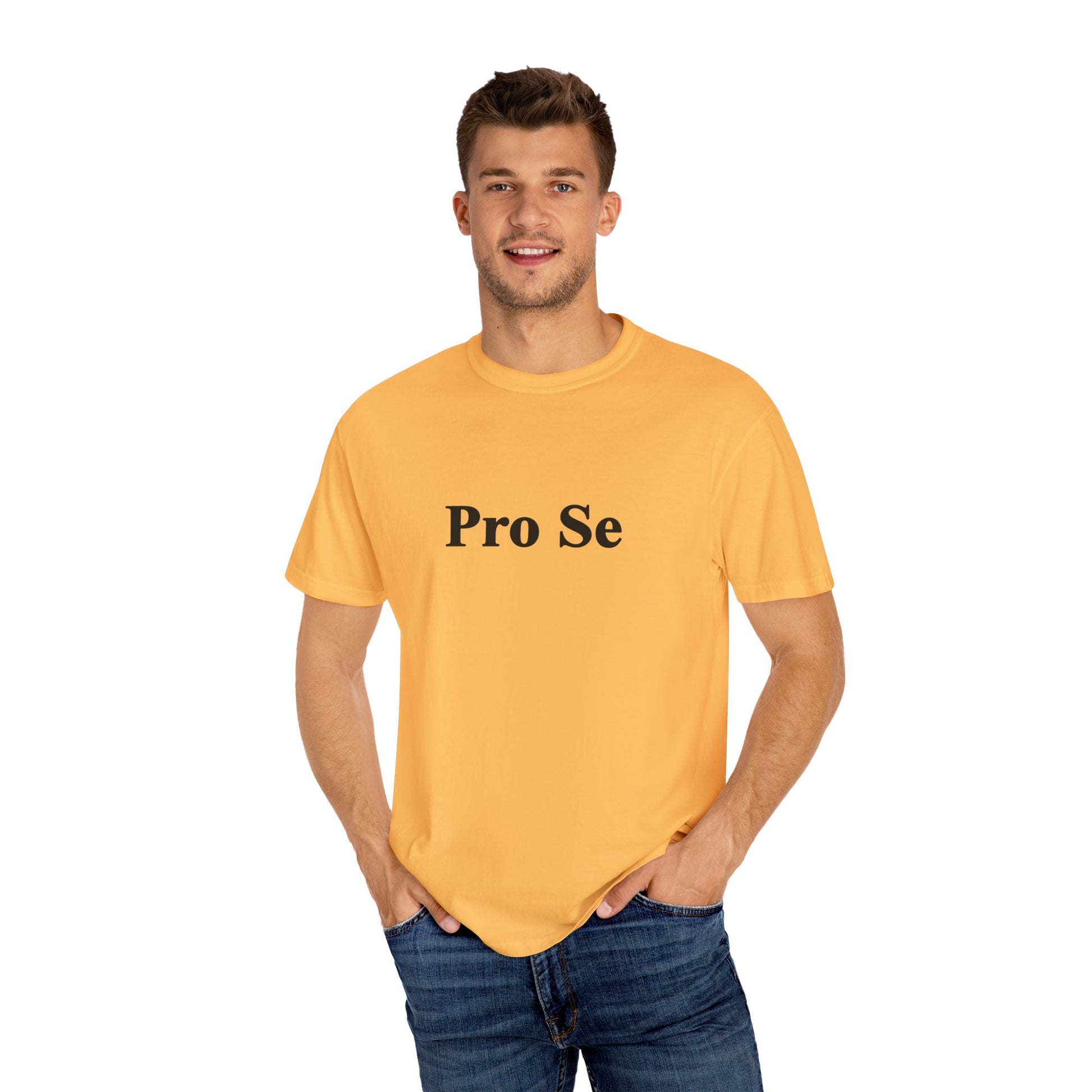 Man wearing a mustard Pro Se T-Shirt with bold black text, ethically made from 100% US-grown cotton. A minimalist legal tee perfect for law lovers and self-representers.

