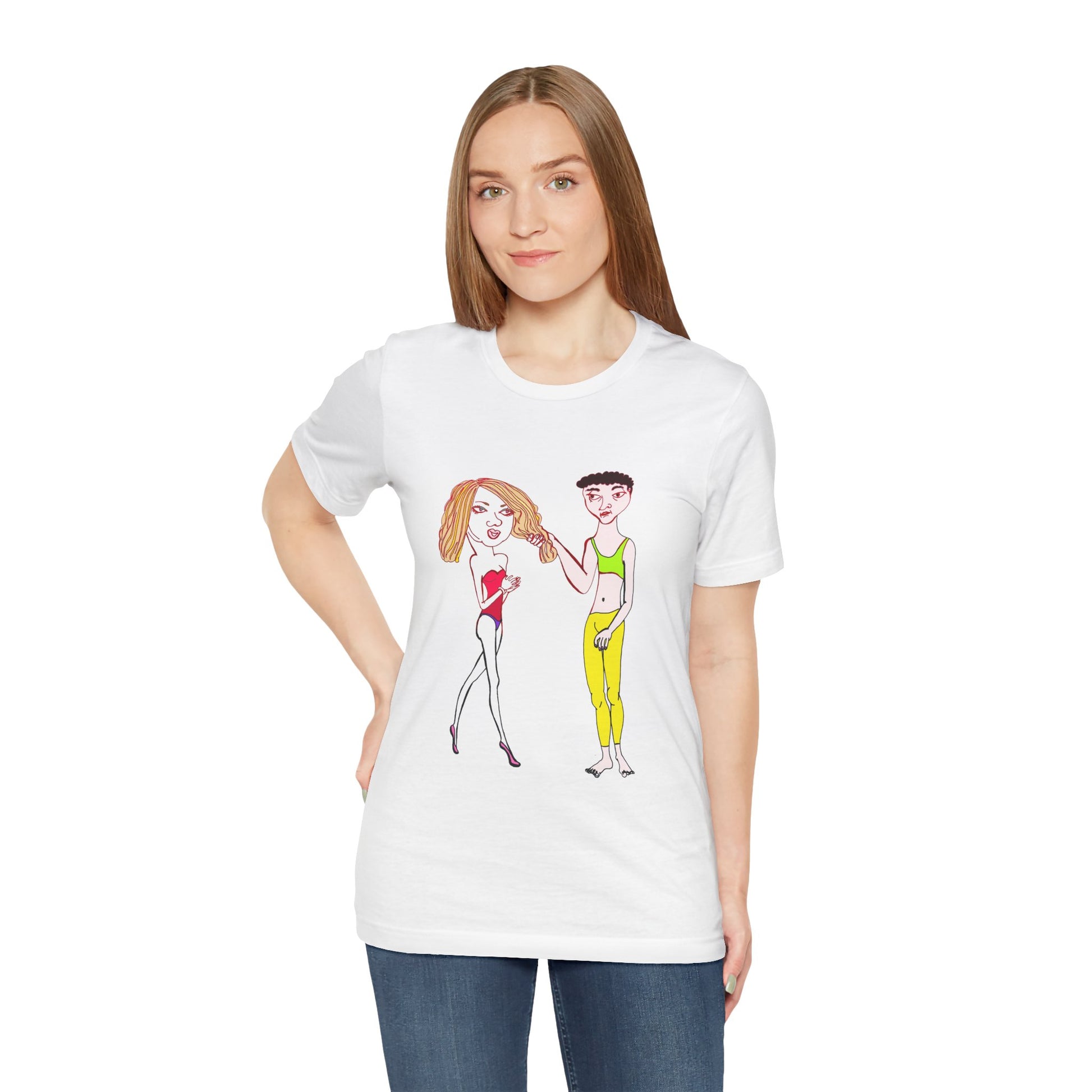 Woman modeling a white Charlotte and Van hand-drawn couple tee with arms loosely crossed and casual pose.