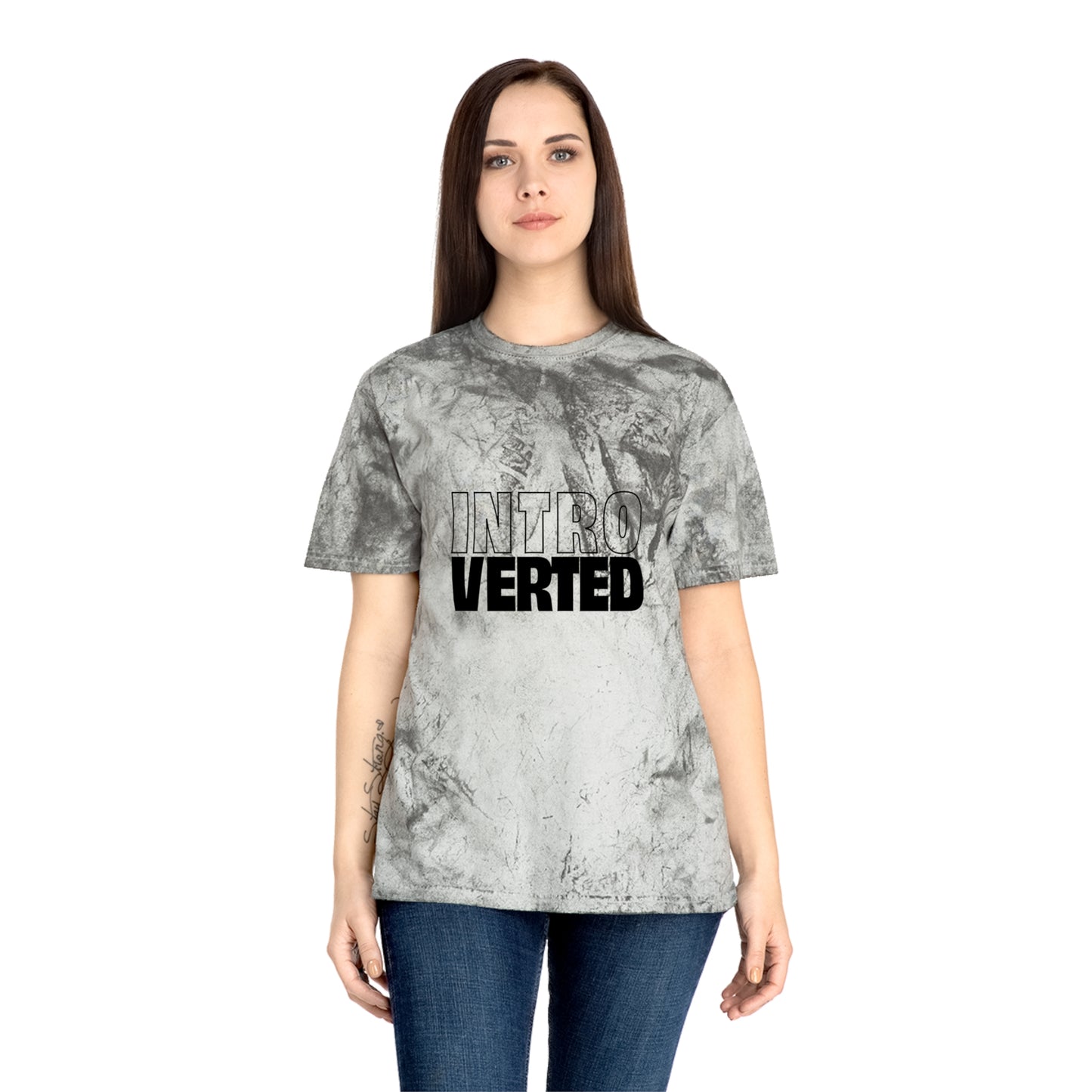 Woman wearing gray tie-dye Introverted Color Blast T-Shirt