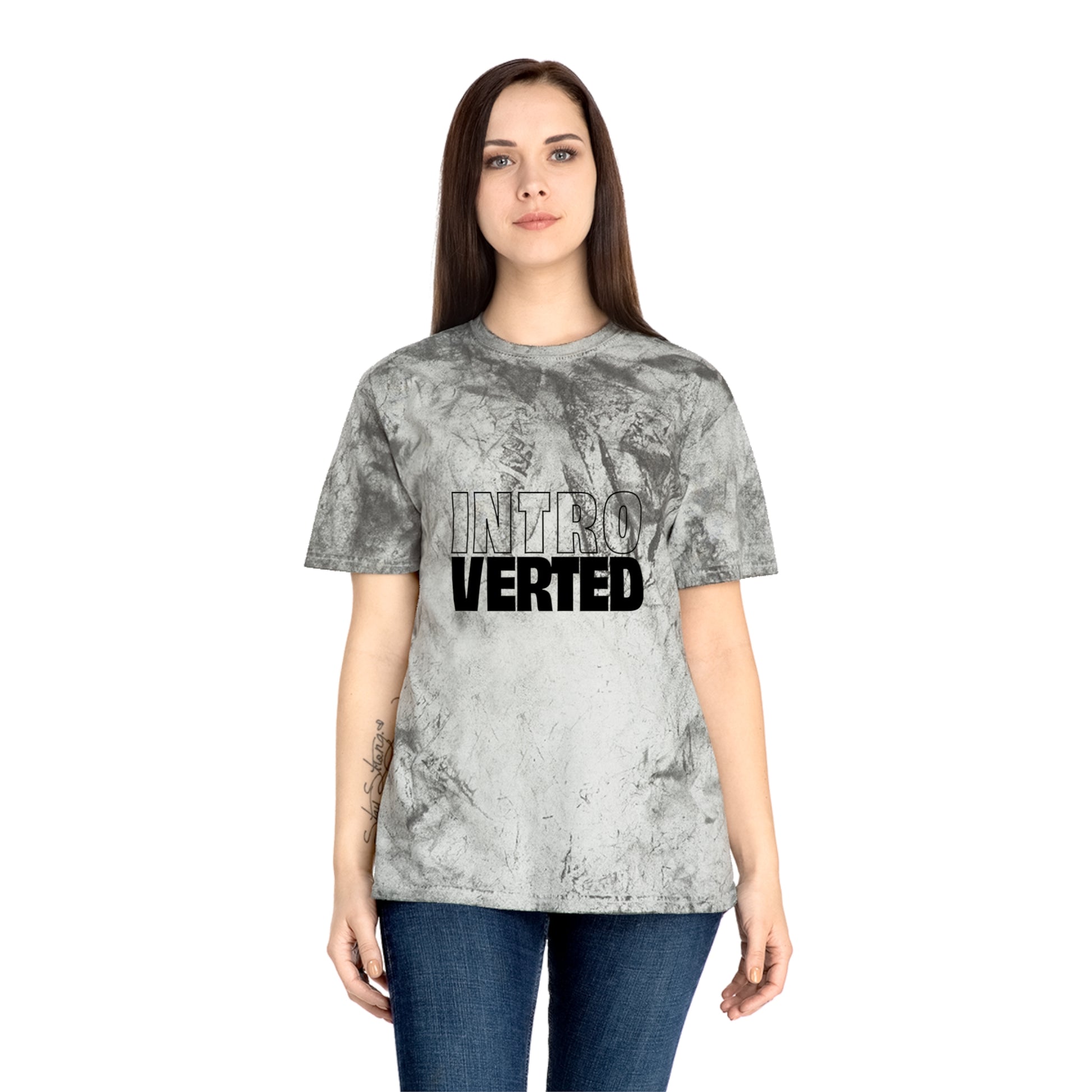 Woman wearing gray tie-dye Introverted Color Blast T-Shirt