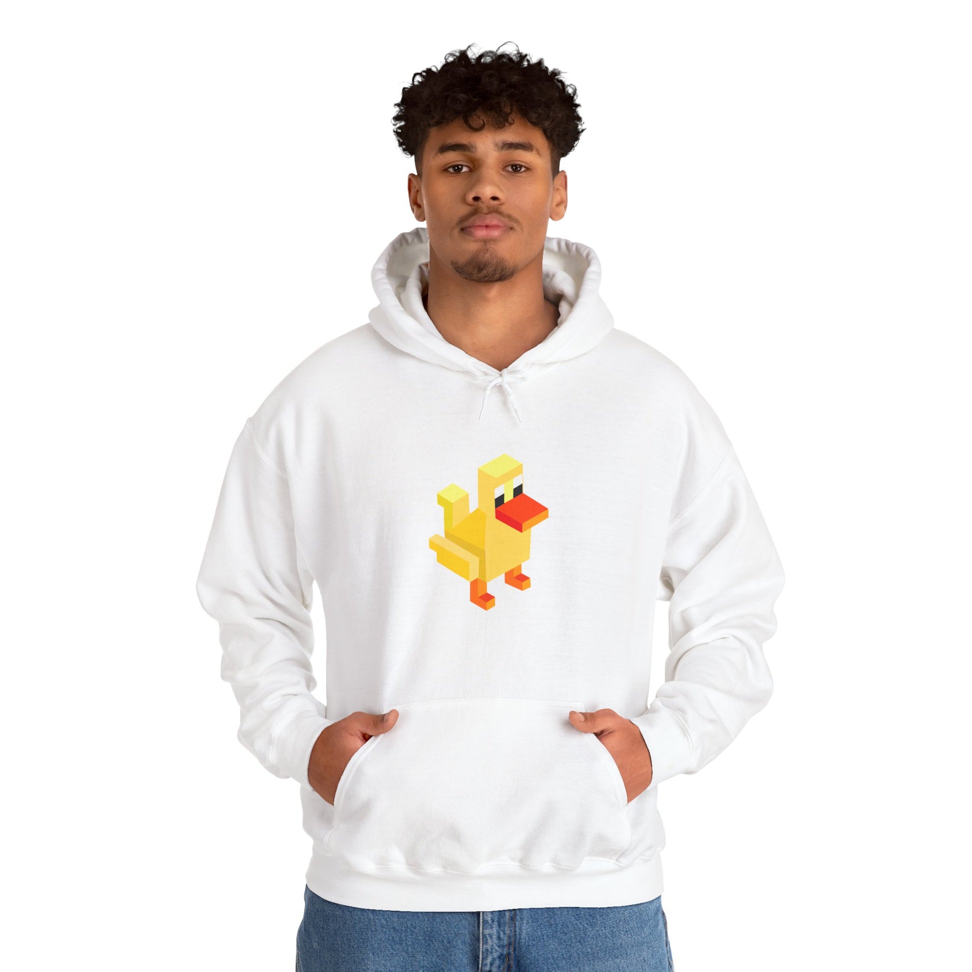 White pixel duck gaming hoodie, retro arcade style unisex sweatshirt gamer fashion