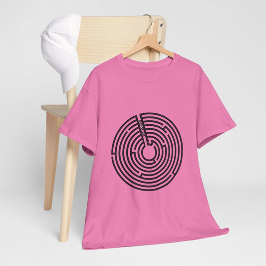 Pink Nepo T-Shirt with black maze graphic on wooden chair