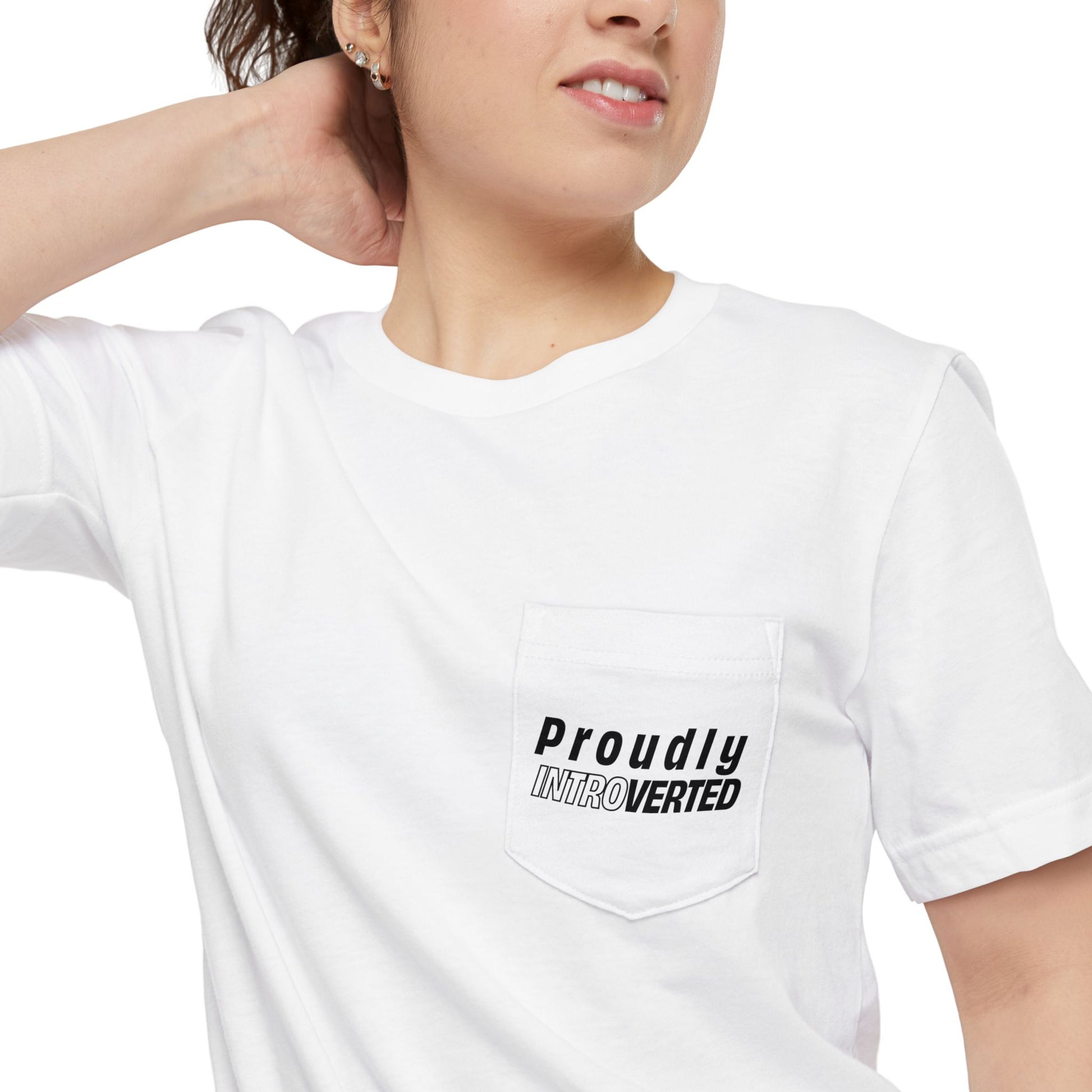 Close-up detail of Proudly Introverted Pocket T-Shirt chest pocket design