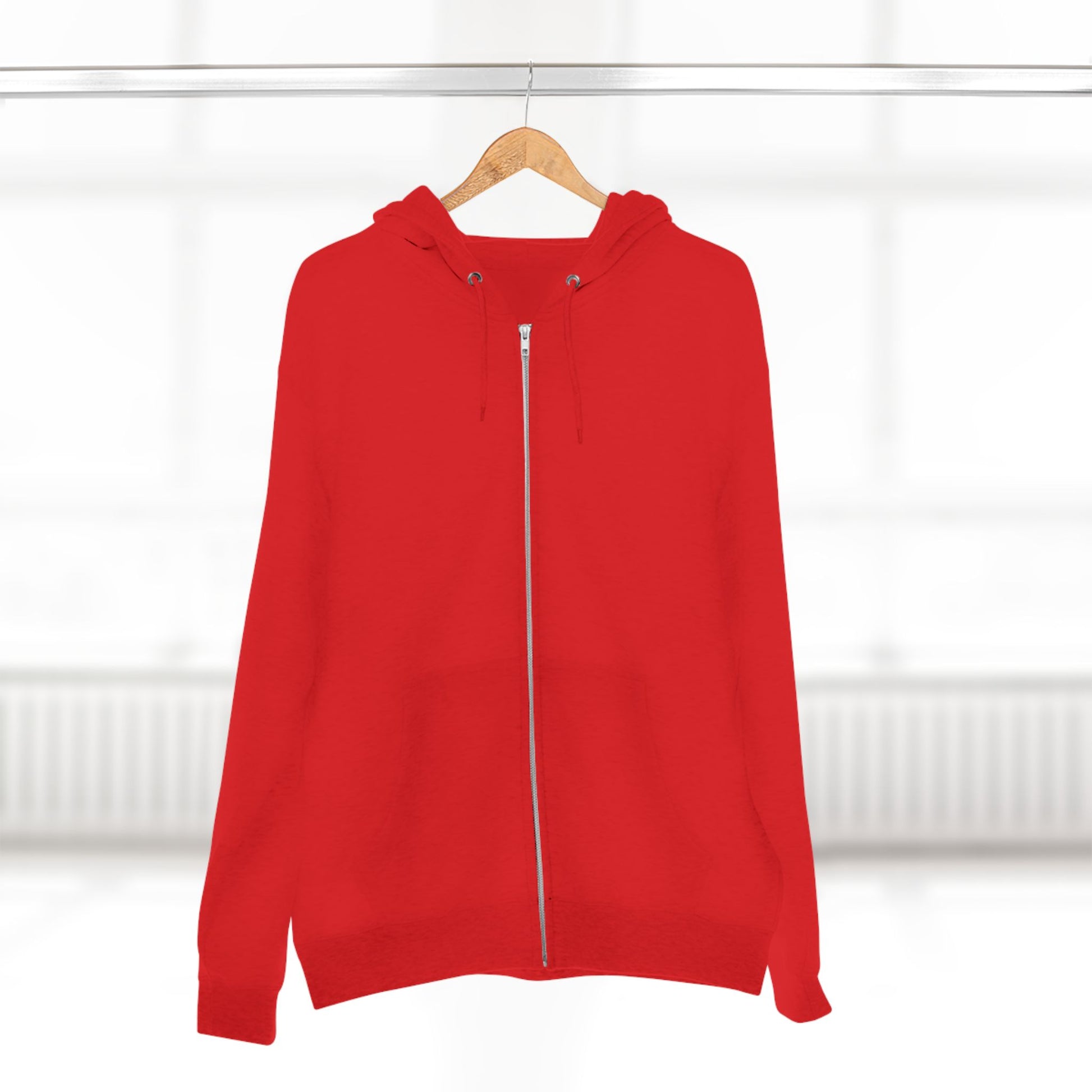 Red Reasonable Doubt unisex zip hoodie hanging on a hanger with clean front view.