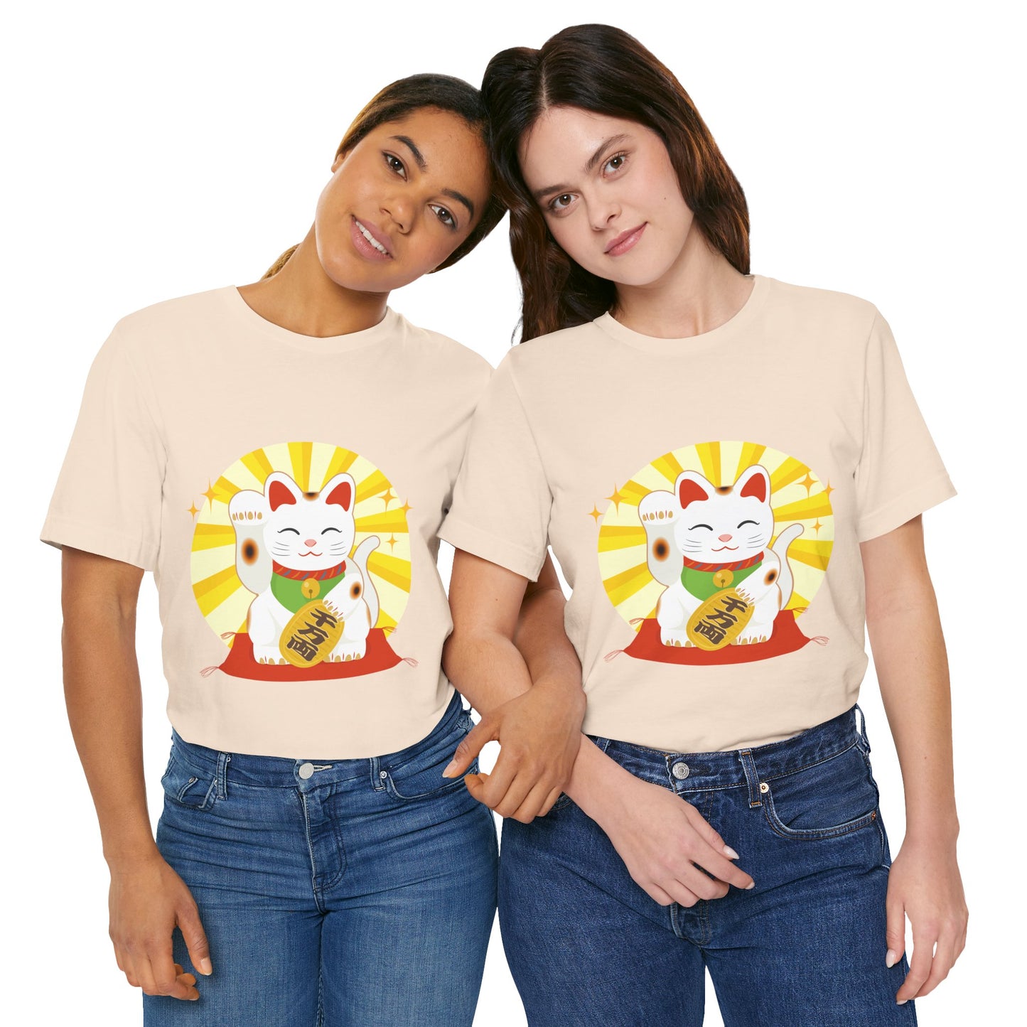 Light orange  Maneki Neko T-Shirts worn by two people standing together