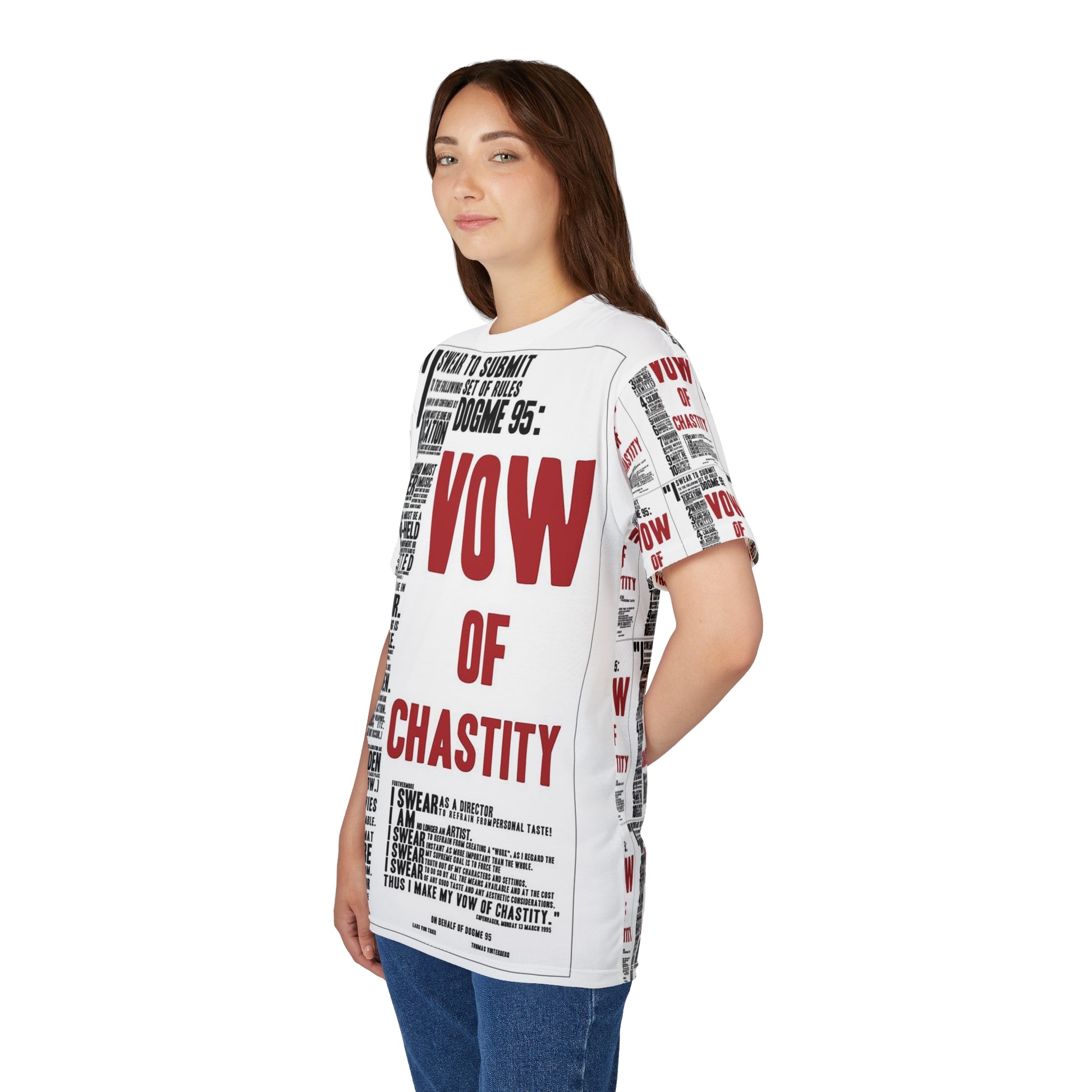 Side view of female model wearing Dogma 95 Unisex T-shirt highlighting sleeve print and overall relaxed silhouette.