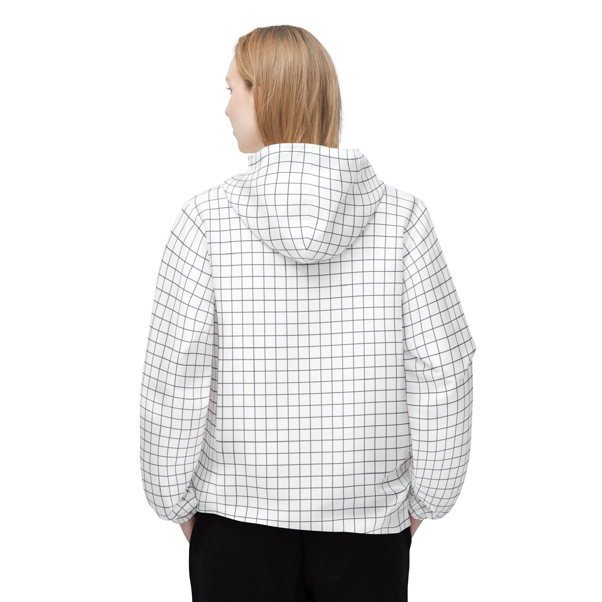 Female model back view showcasing black-and-white grid patterned windbreaker.